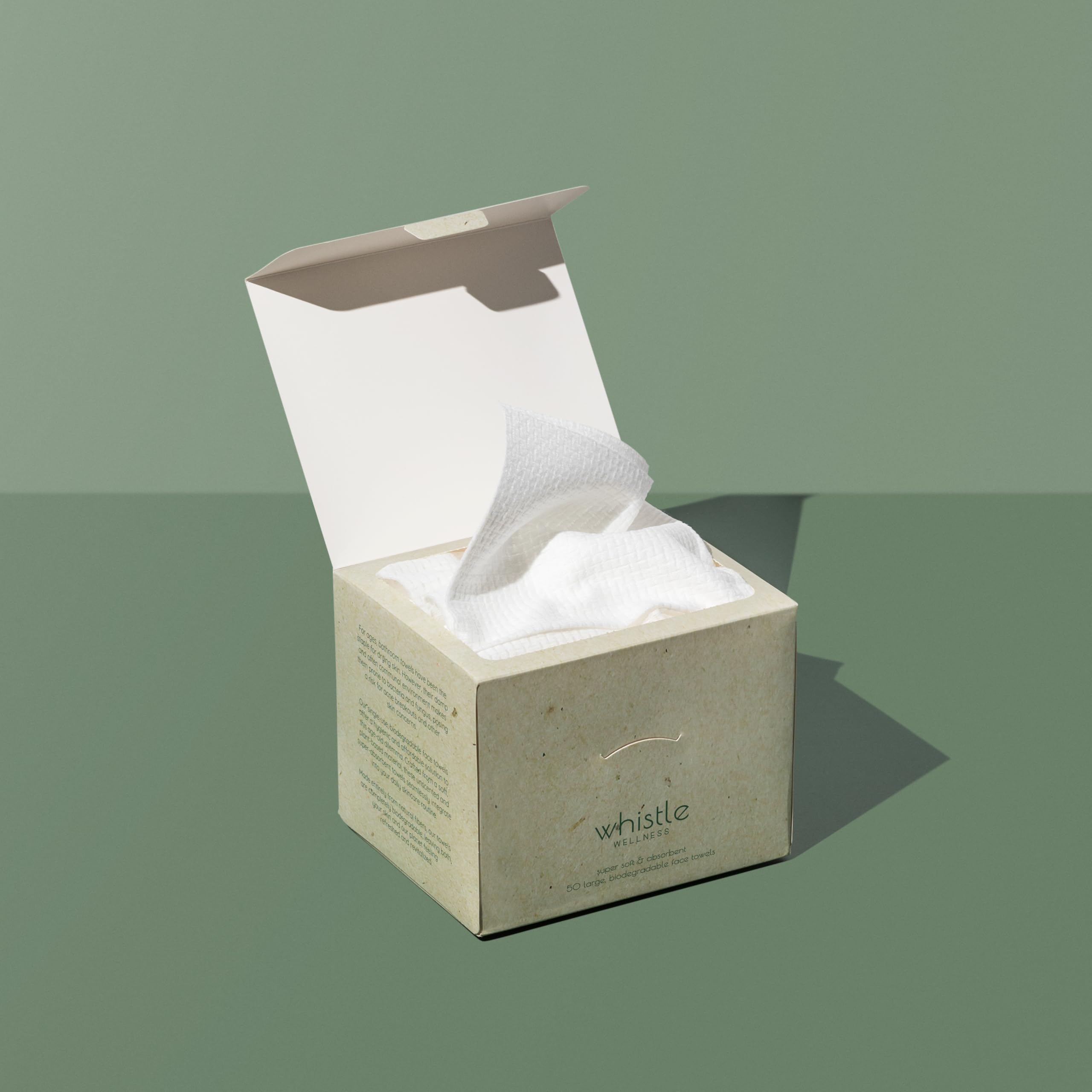 Whistle Wellness® Disposable Face Towel 10"×12", Resealable Box, Biobased Plant Based Ultra Soft, Thickness Face Towelettes XL, Makeup Remover Dry Wipes for Sensitive Skin, 50 Count (1 Pack)