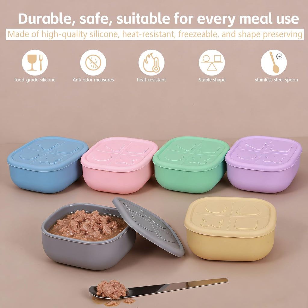 Wenceda 6 Packs Silicone Airtight Pets Food Storage Containers with Lids 12.85ozs Dog Cats Food Storage with 2pcs Steel Scoop Leakproof Meal Prep Kit for Canned Pet Food Storage