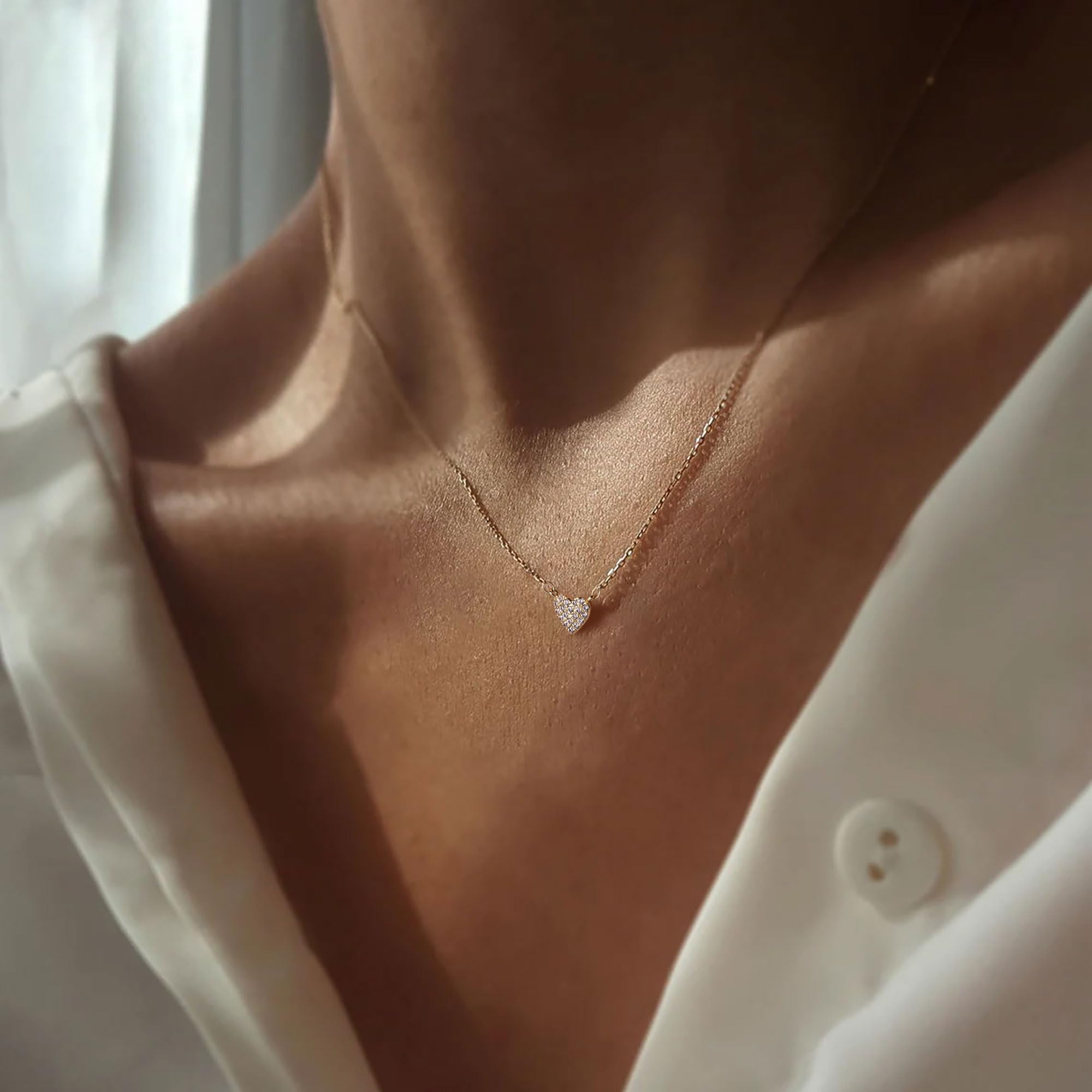 LLWOM Heart Necklaces-14k Gold Plated CZ Heart Necklace Dainty Heart Pendant Necklace for Women