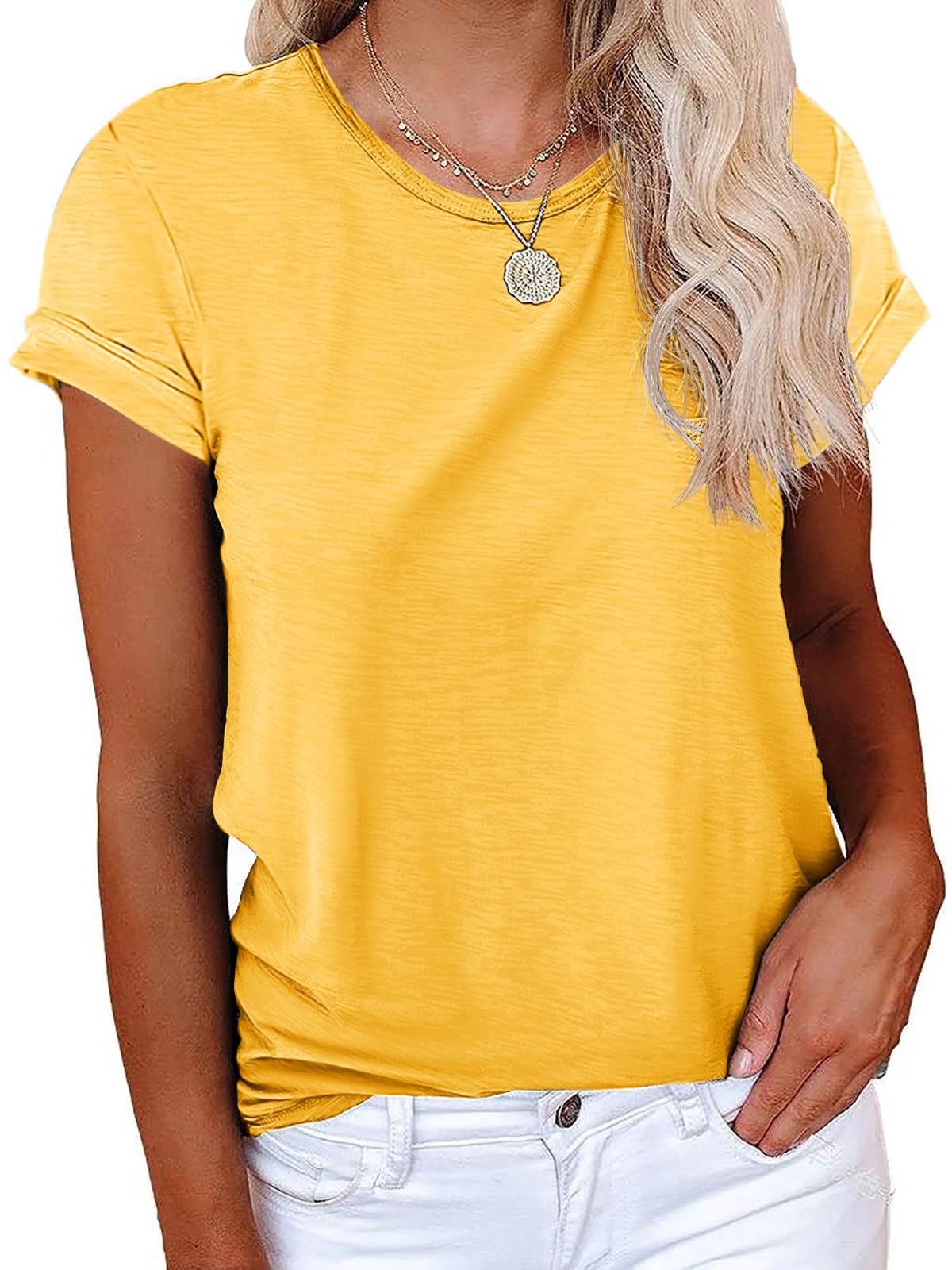 Cicy Bell Women's Short Sleeve Shirts Crewneck Loose Casual Summer Basic Tees Tops Pastel Yellow