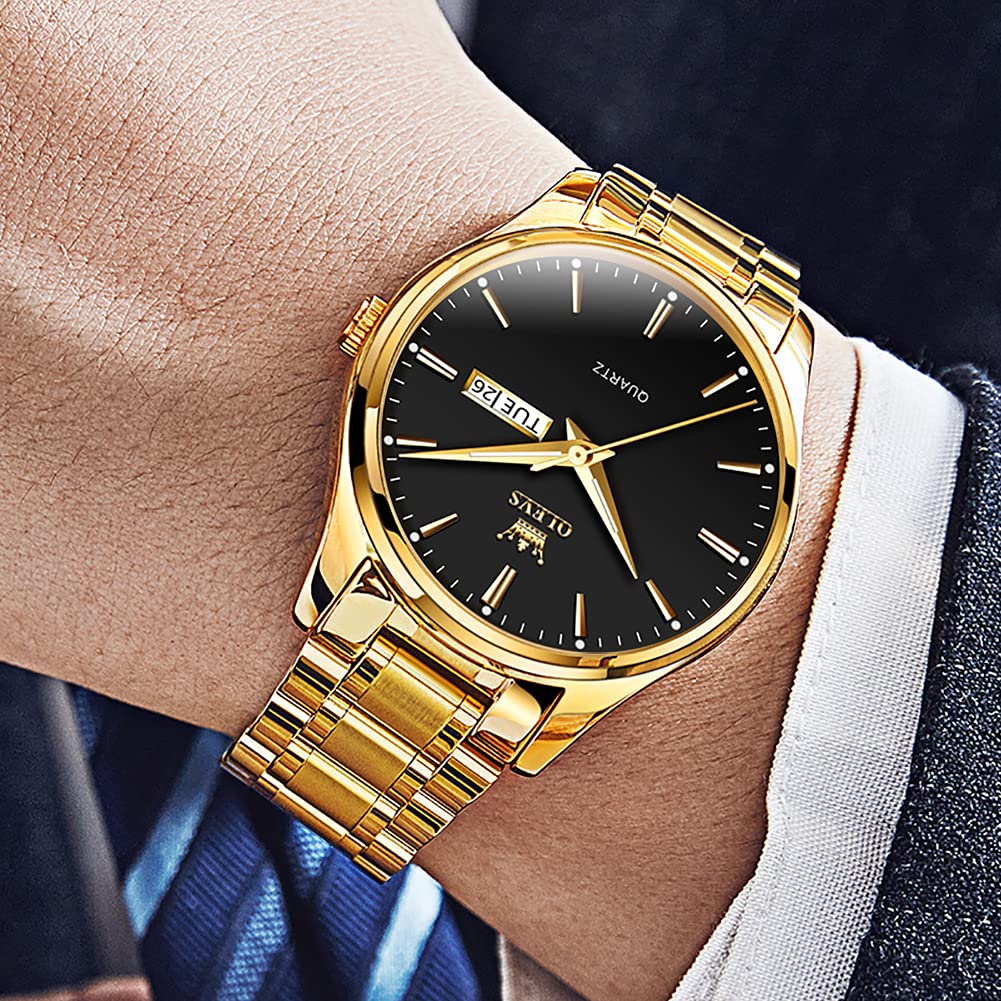OLEVS Watch Men Gold Watches for Men,Mens Watches Luxury Waterproof Stainless Steel Business Classic Watch for Mens Gold Watch With Black Big Face Day Date Classic Watches Men's Wrist Watches,relojes para hombres