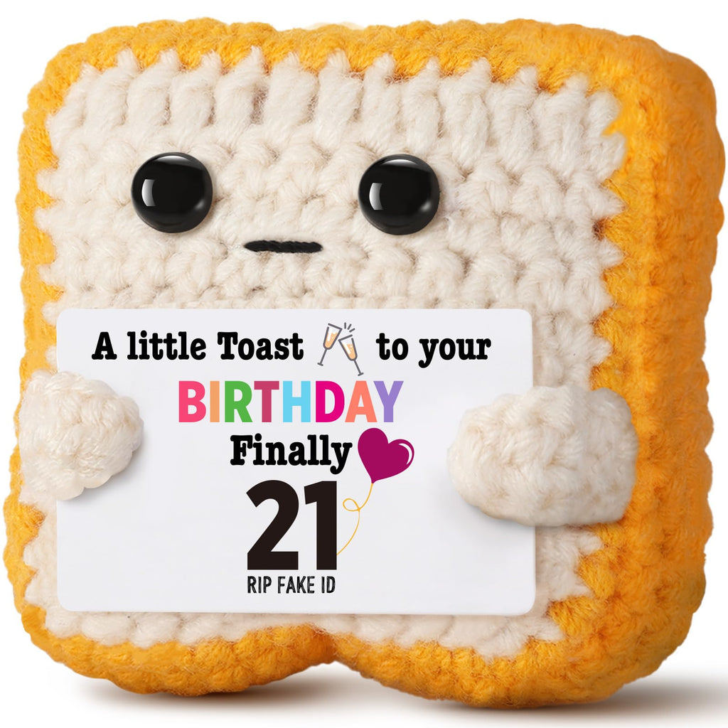 Ovrrcame Finally 21" Funny 21st Birthday Gifts for Her & Him - Crochet Toast with RlP Fake ID Gag Message - Unique Bar Cart Decor & Keepsake for Daughter, Son, Friend