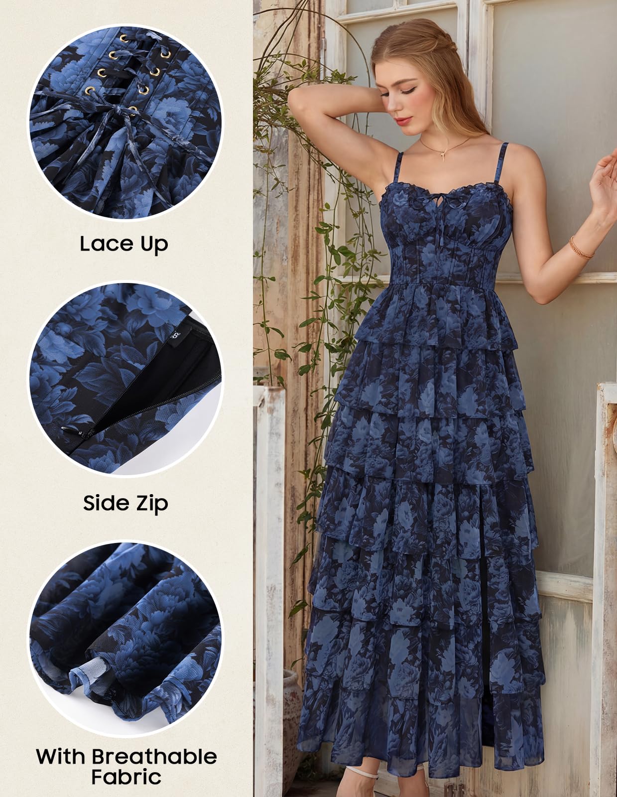 Scarlet Darkness Women's Floral Corset Wedding Guest Dress Lace Up Summer Spring Tiered Formal Maxi Dresses