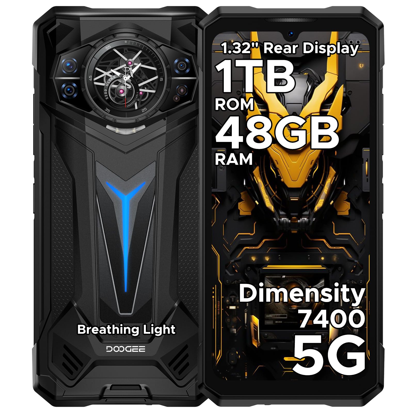 DOOGEE S200 Ultra Rugged Phone Unlocked, 5G Android 15 with 1.32" Secondary Display, 48GB+1TB Storage, 11000mAh, 66W Fast Charge, AI Quad Camera 100MP+32MP, 6.72" Rugged Smartphone Dual SIM/NFC/OTG