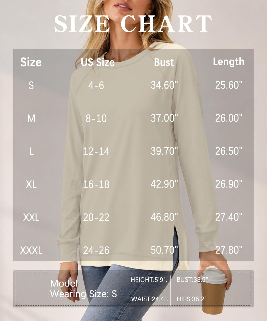 NILOUFO Womens Long Sleeve T Shirts Casual Blouses Trendy Tops Side Split Tunics(Beige, X-Large)