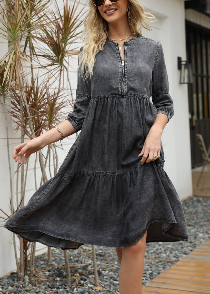 chouyatou Women's Vintage Washed Loose Fit 3/4 Sleeve Tiered Babydoll Mini Denim Jean Dress (Large, Black)