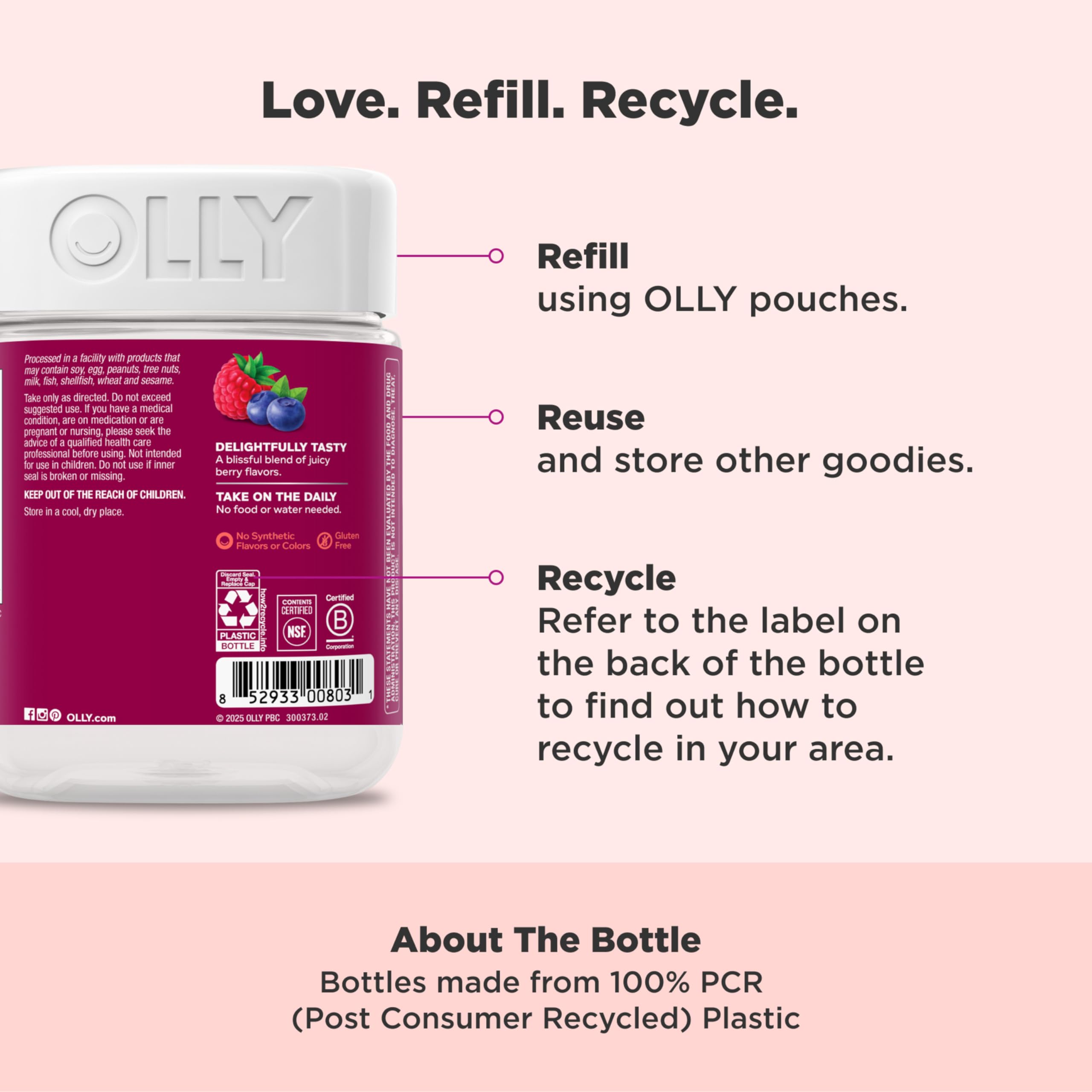 OLLY Women's Daily Multivitamin Gummy, Vitamins A, D, C, E, Biotin, Folic Acid, Adult Chewable Vitamin, Berry Flavor, 65 Day Supply - 130 Count