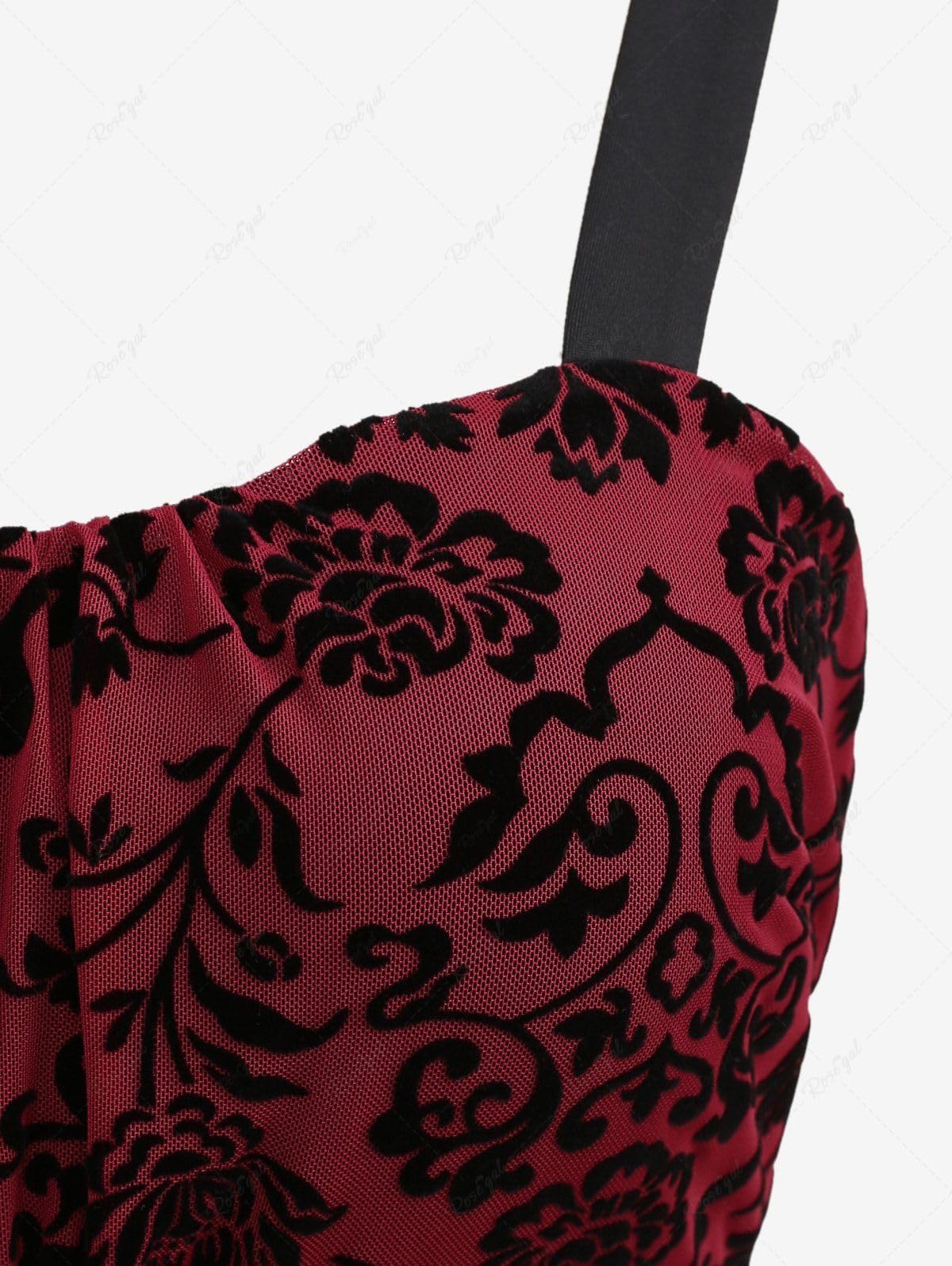 ROSE GAL Rosegal Women Plus Size Gothic Flower Midi Dress Layered Ruched Mesh Backless Vintage Dress Sleeveless Flocking Goth Dress(Red_1/1X)