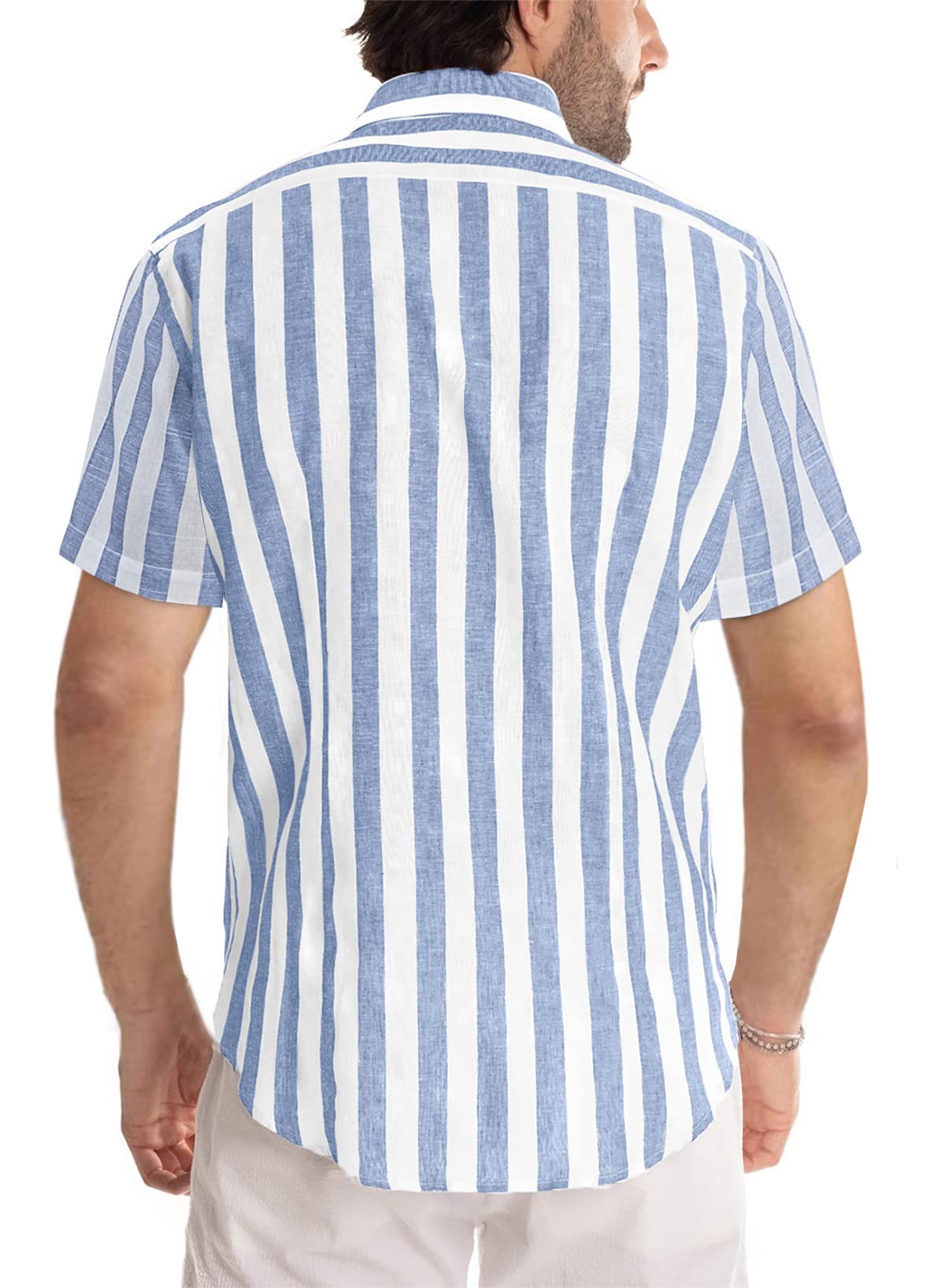 JMIERR Men's Summer Casual Stylish Short Sleeve Button-Down Shirts Cotton Linen Vertical Striped Business Dress Shirts Beach Shirt, L, Sky Blue