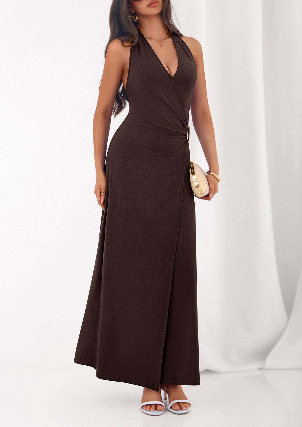 PRETTYGARDEN Halter Dresses for Women 2026 Elegant Classy Spring V Neck Tie Backless Summer Wedding Guest Cocktail Midi Dress(Brown,Small)