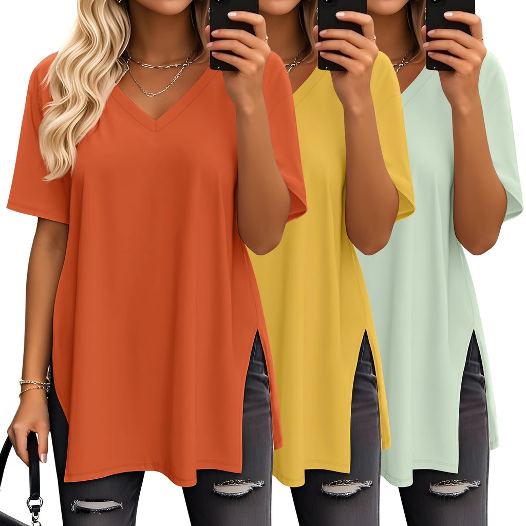 Huukeay 3 Pack Oversized Shirts for Women V Neck, 3-Color, Medium