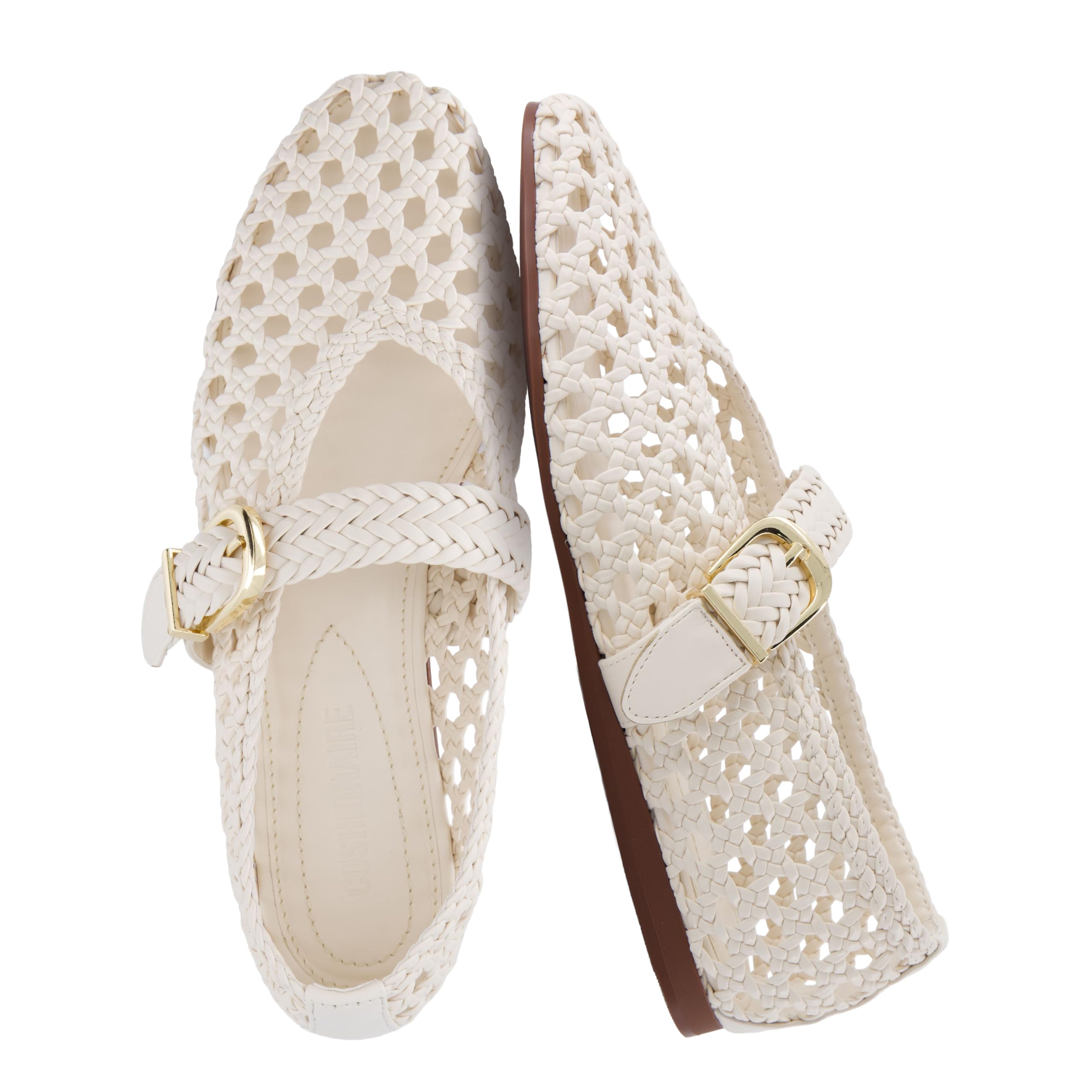 CUSHIONAIRE Wit Hand Woven Womens Flats, Comfortable Mary Jane Ballet Flat with Adjustable Buckle Braided Strap and Cushioned Memory Foam, CREAM 9W