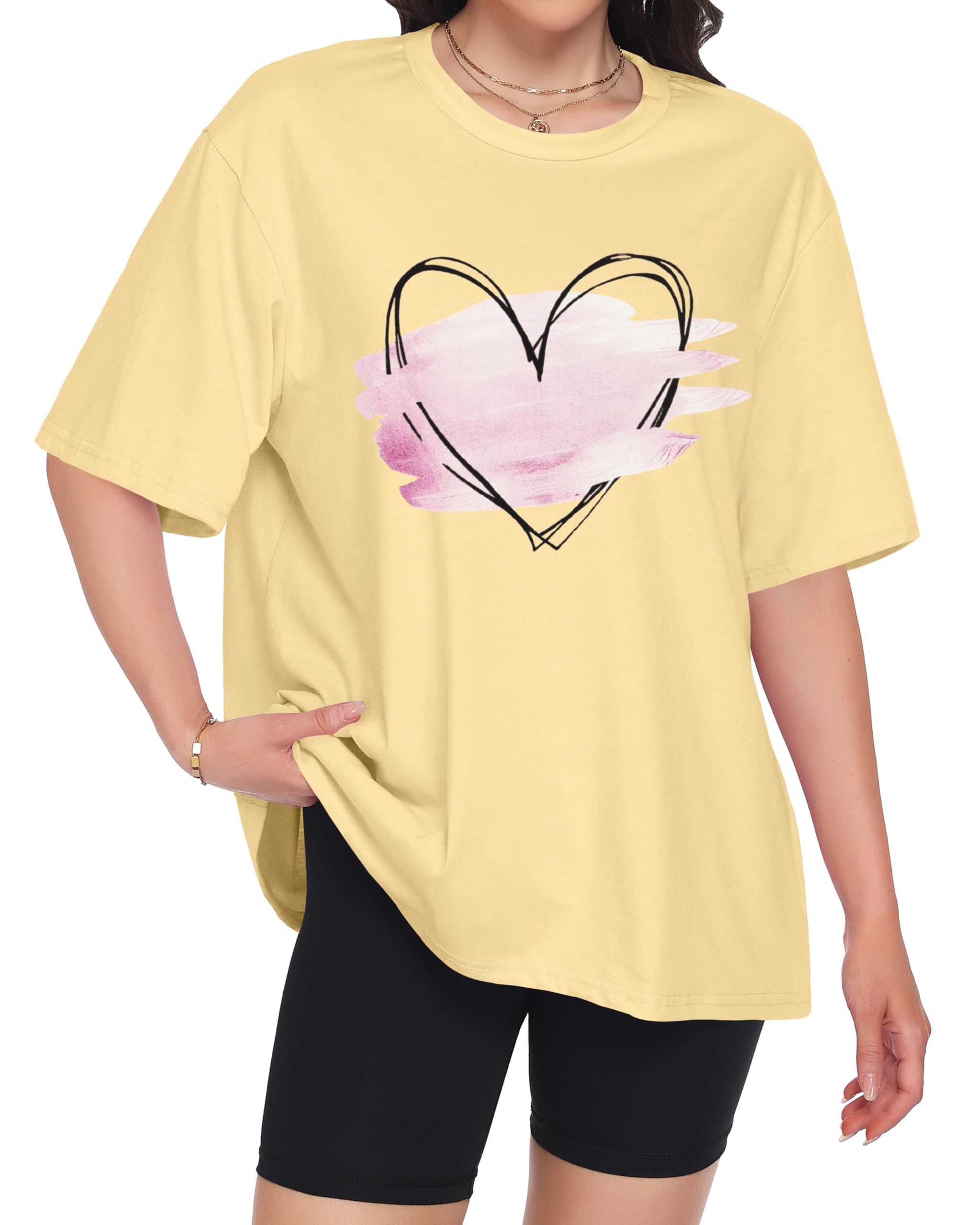 ADOREJOY Oversized Tshirts for Women Crewneck Summer Graphic Tees Short Sleeve Loose Basic Tops, Khaki Pink Heart, L