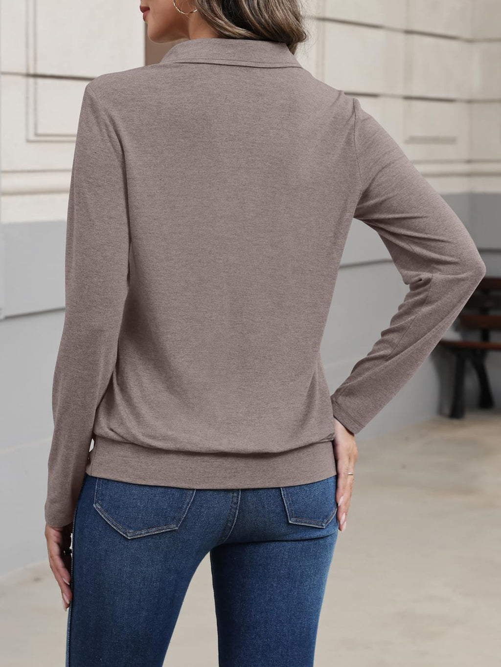 TICTICMISS Womens Polo Shirts Long Sleeve Banded Bottom Tops Business Casual Tops Collared V Neck Blouses