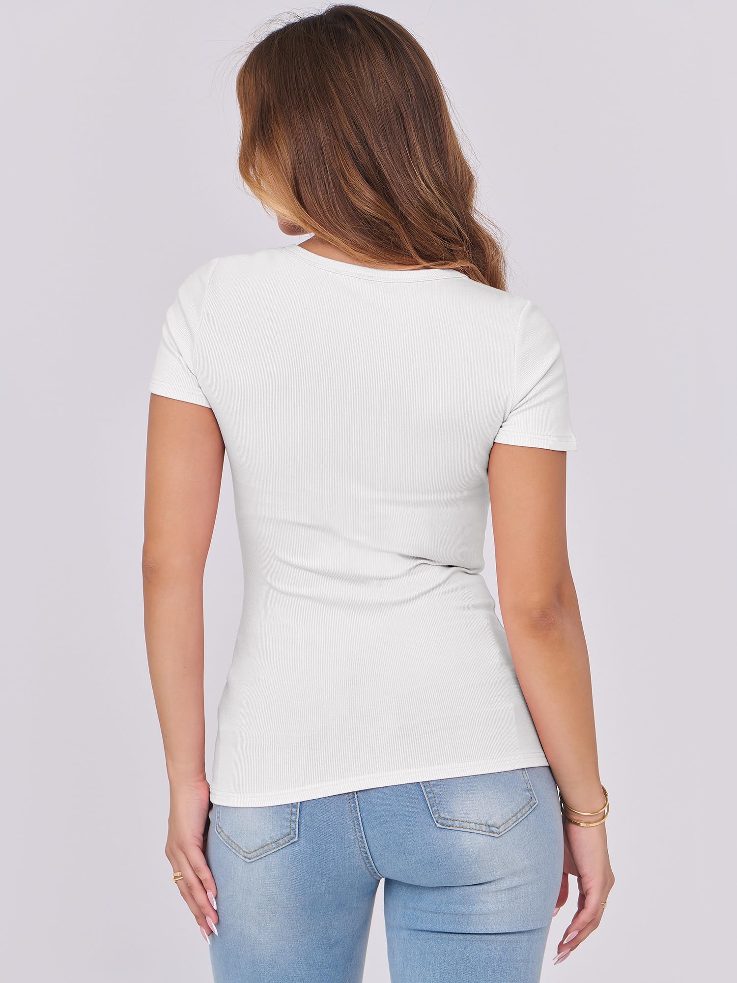 ANRABESS Women Short Sleeve Tops Scoop Neck Ribbed Knit Slim Fitted Basic Tee Shirt Casual Summer Clothes 2026 Spring Outfits White Large