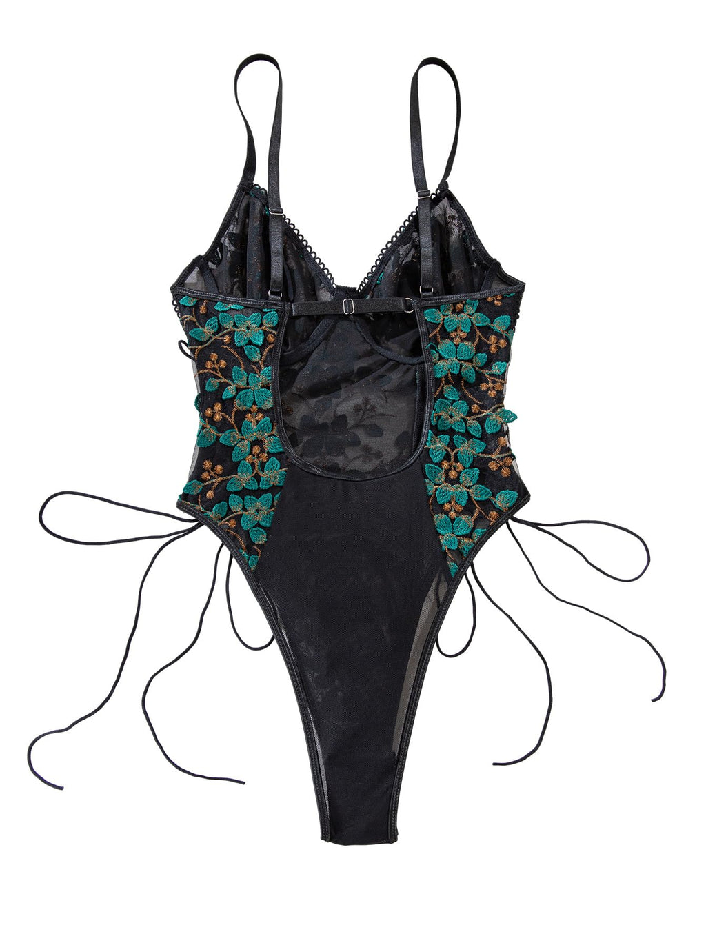 Lilosy Women Sexy Lace Up Floral Embroidered Teddy Babydoll Lingerie Bodysuit Top Mesh Sheer One Piece See Through Green Medium