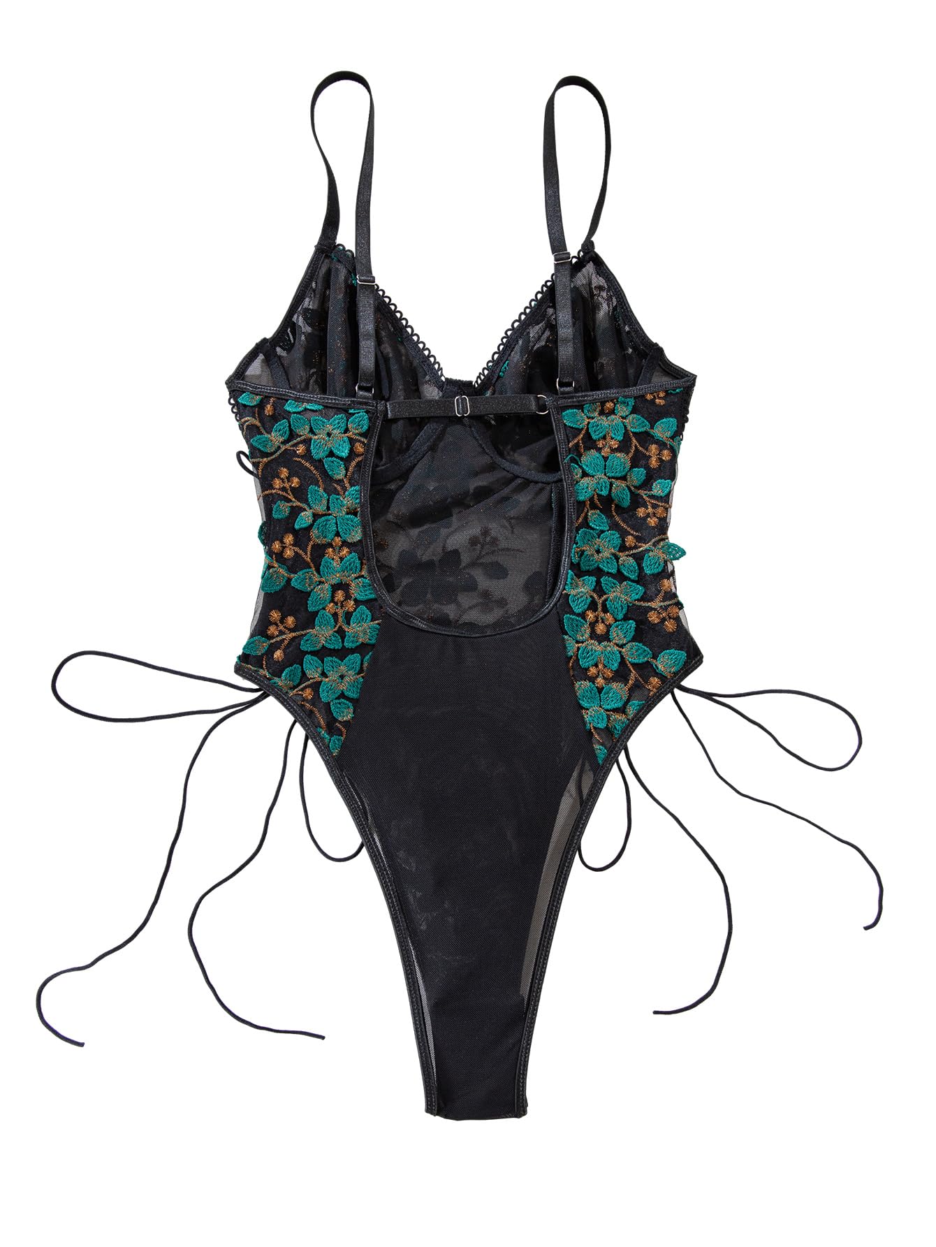 Lilosy Women Sexy Lace Up Floral Embroidered Teddy Babydoll Lingerie Bodysuit Top Mesh Sheer One Piece See Through Green Medium