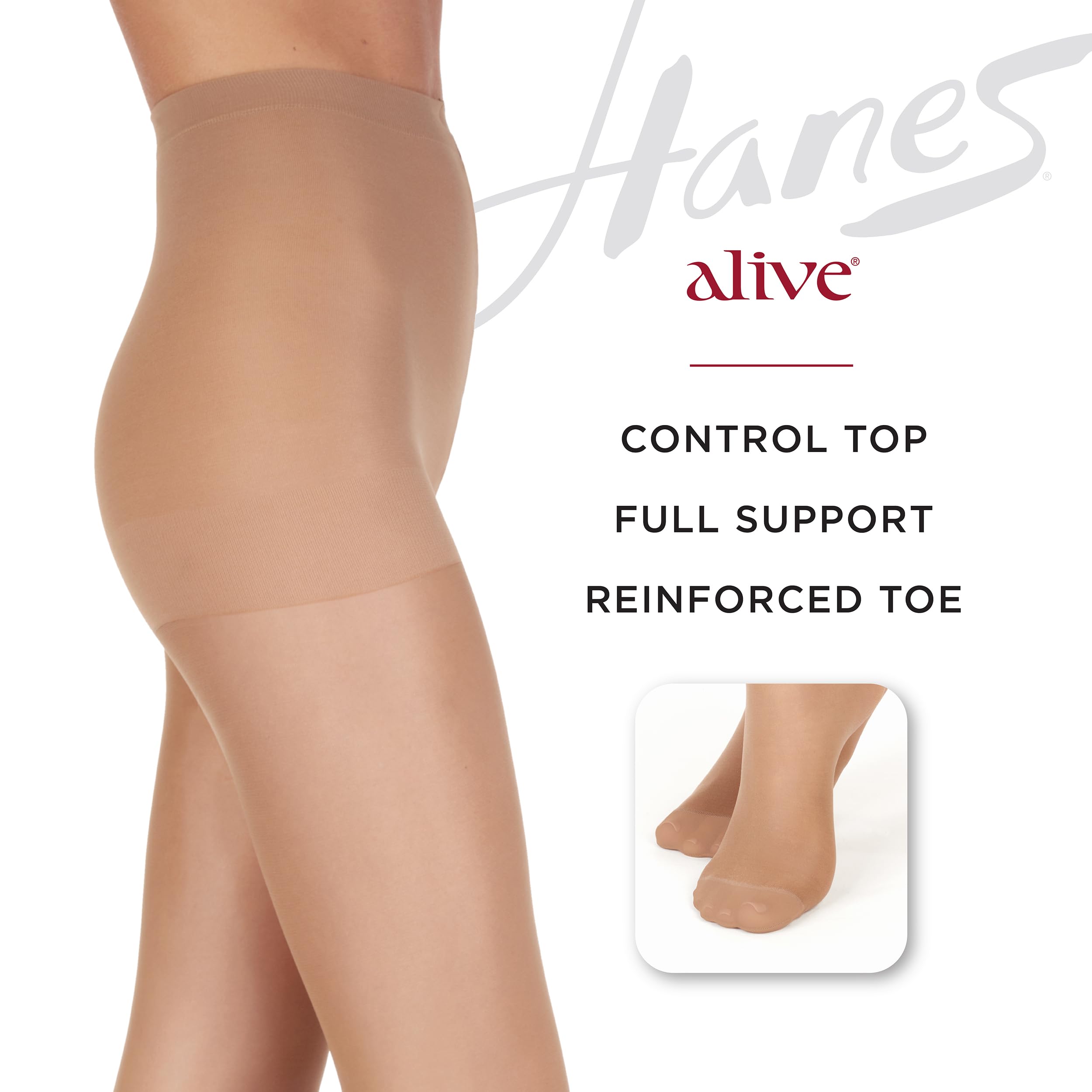 Hanes Alive Control Top Reinforced Toe Sheer Pantyhose for Ultimate Comfort and Support, Barely There, Size F (Pack of 1)