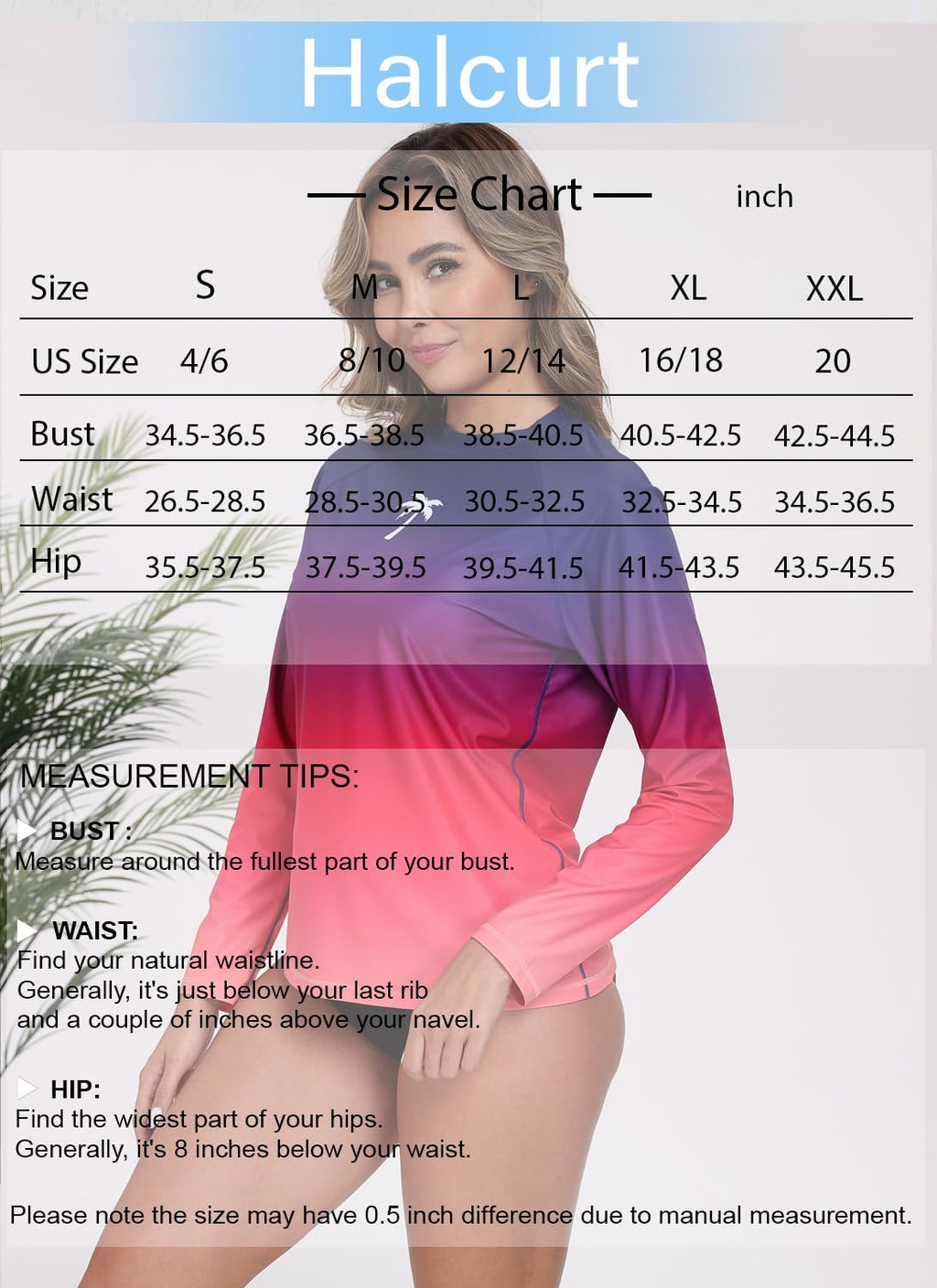 Halcurt Women's Long Sleeve Rash Guard Swim Shirts Quick Dry UPF50+ UV Sun Protection Swimsuit Top Ombre Red M