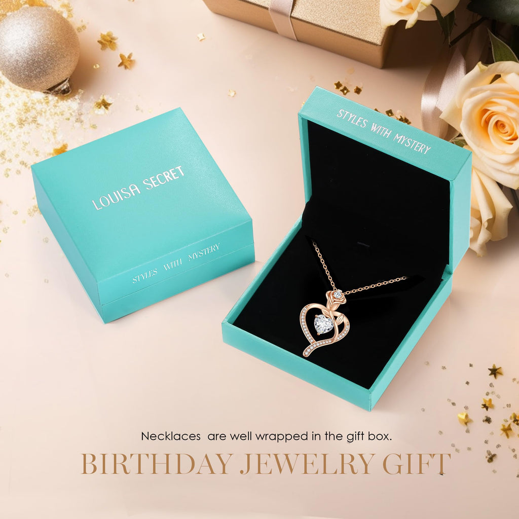LOUISA SECRET Mothers Day Gifts for Mom Rose Flower Heart Birthstone Necklaces for Women, 925 Sterling Silver Jewelry, Pendant Heart Necklaces Birthday Anniversary Christmas Gift for Women Wife Mom Girlfriend Lady