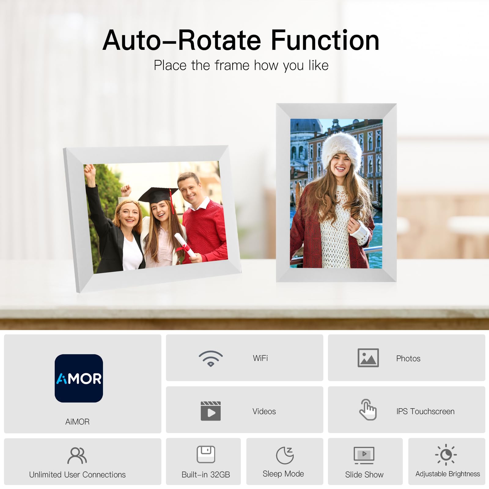 Anna Bella Digital Picture Frame 10.1 Inch IPS HD Touch Screen WiFi Smart Digital Photo Frame with 32GB Storage, Auto-Rotate, Easy Setup to Share Photos or Videos Remotely via AiMOR APP White
