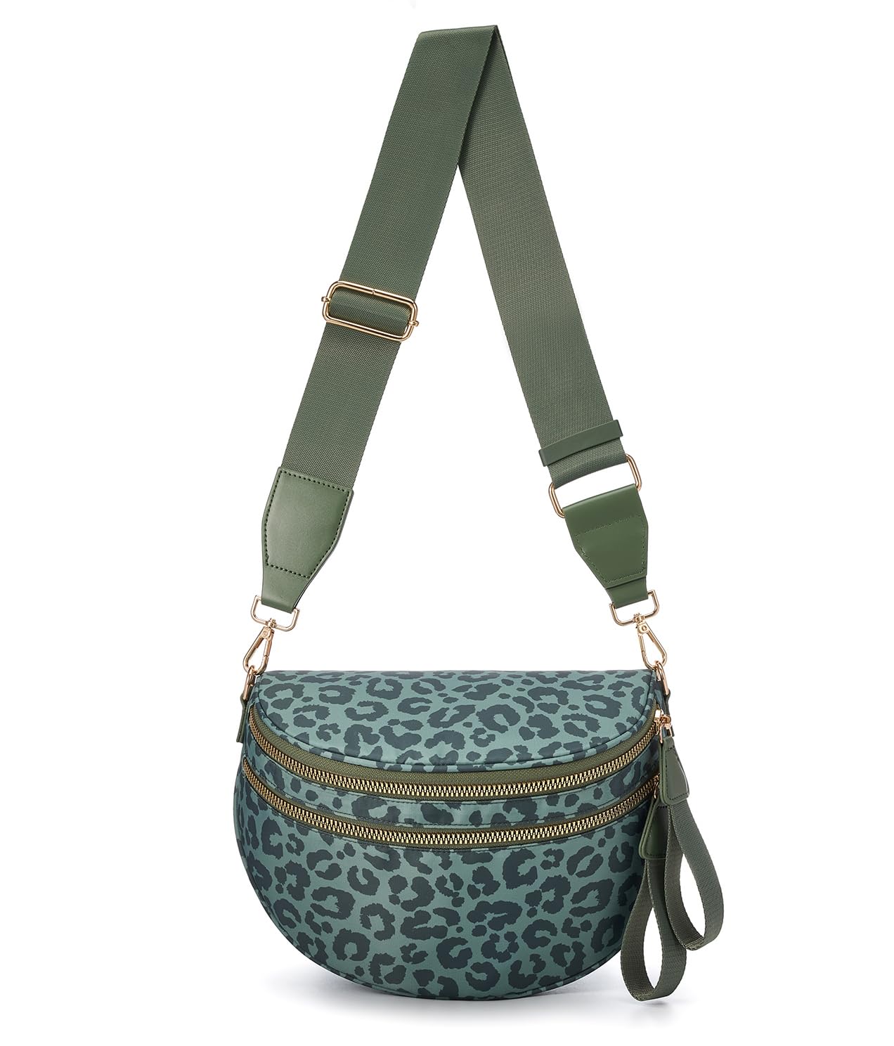 FEIBOON Spacious Nylon Crossbody Bag Bum Bag Handbags Wallets Purses Trendy Shoulder Bag for Women (Bean Green Leopard)