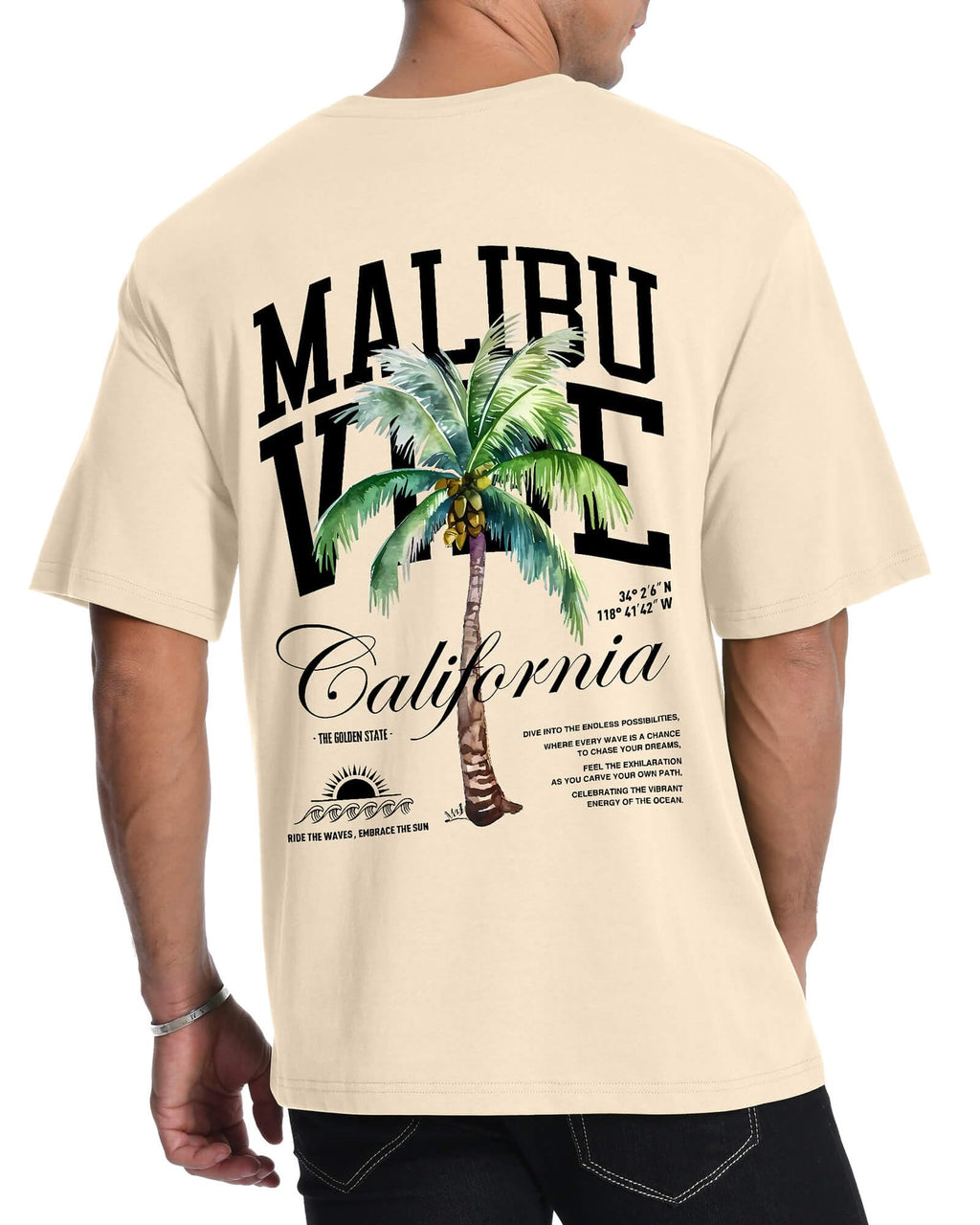 Mens Graphic T-Shirts Short Sleeve Malibu Vibe Palm Tree Print Top 100% Cotton Casual California Tees for Men Apricot