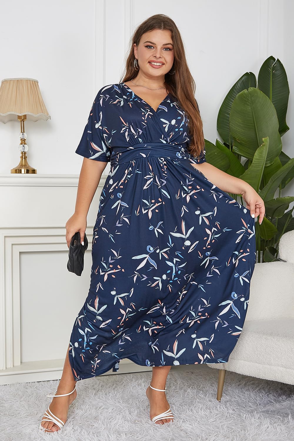 Keluummi Plus Size Maxi Dress for Women Floral Empire Waist V-Neck 3/4 Sleeve with Pockets(18 Plus, 02 - Navy Blue Floral)
