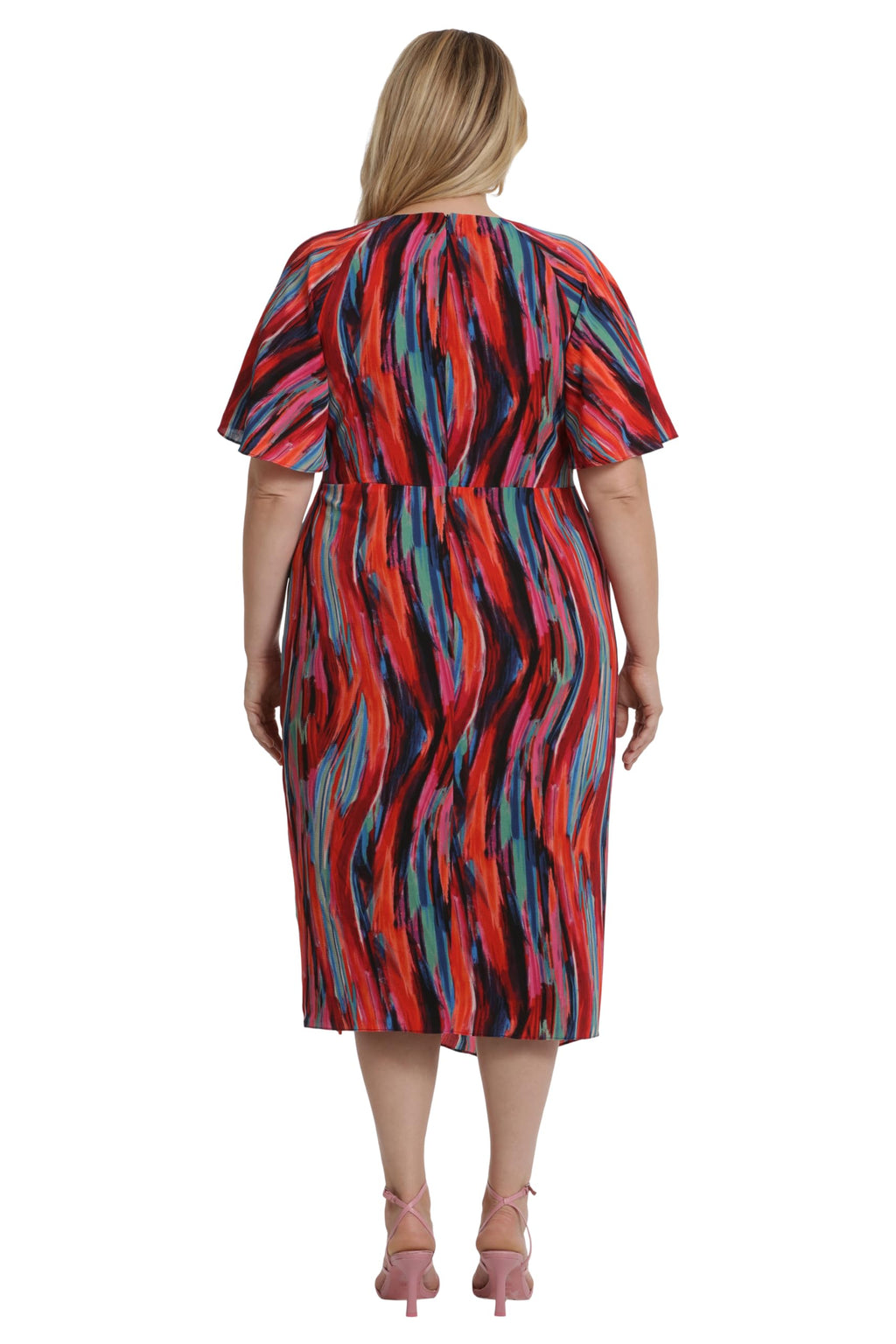 Maggy London Women's Dresses Short Flutter Sleeve Faux Wrap Midi Dress