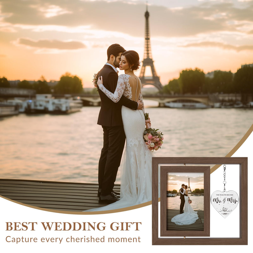 PIKPEOD Rotating Wedding 2026 Picture Frame 4x6 - Bridal Shower & Engagement Gifts for Couples & Newlyweds - Mr & Mrs Personalized Gifts (brown)