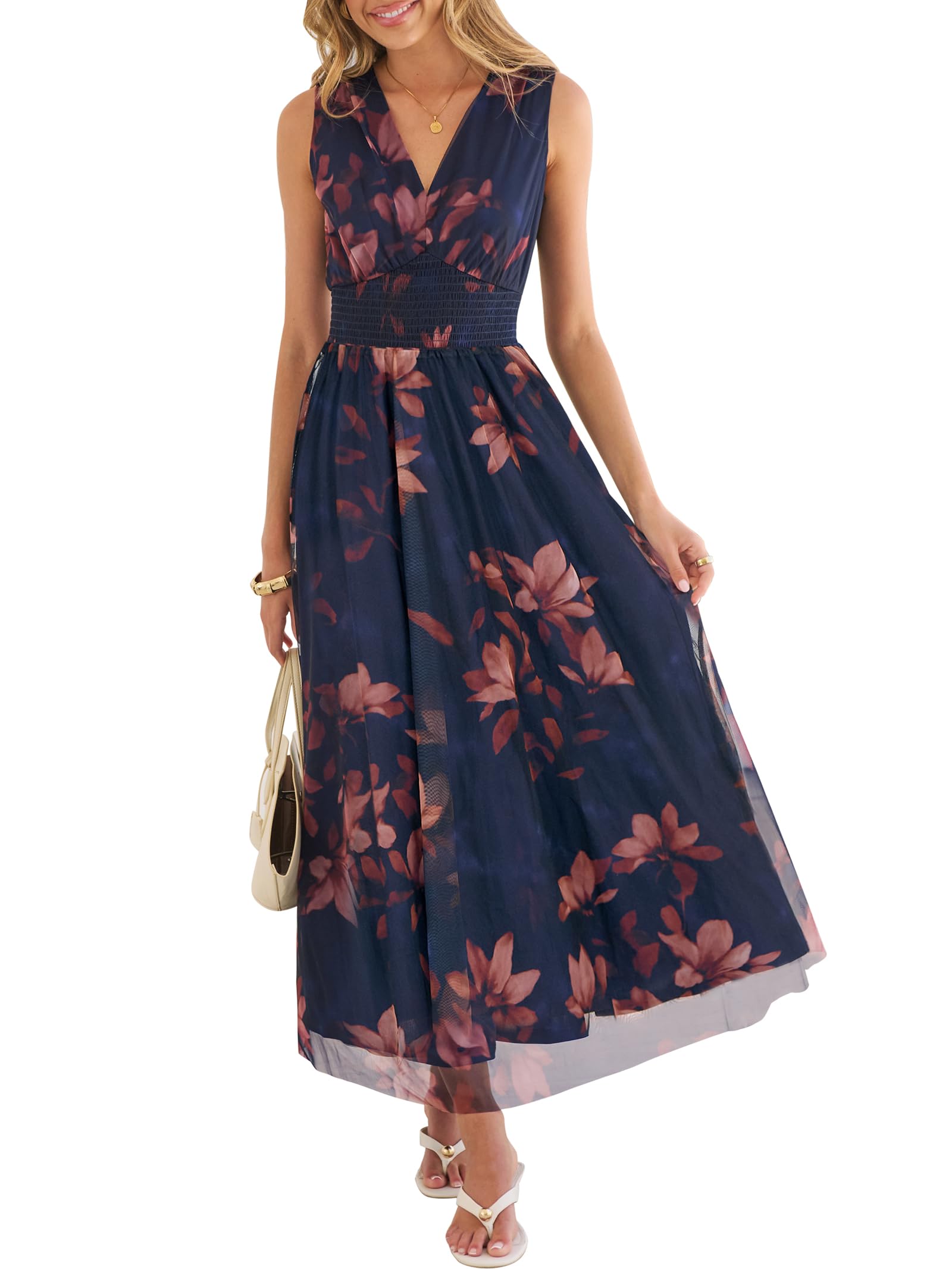 ANRABESS Womens Summer Floral Dress V Neck Sleeveless A Line Wedding Guest Maxi Tulle Dresses Casual Beach Vacation Clothes Brown Beige Floral X-Large
