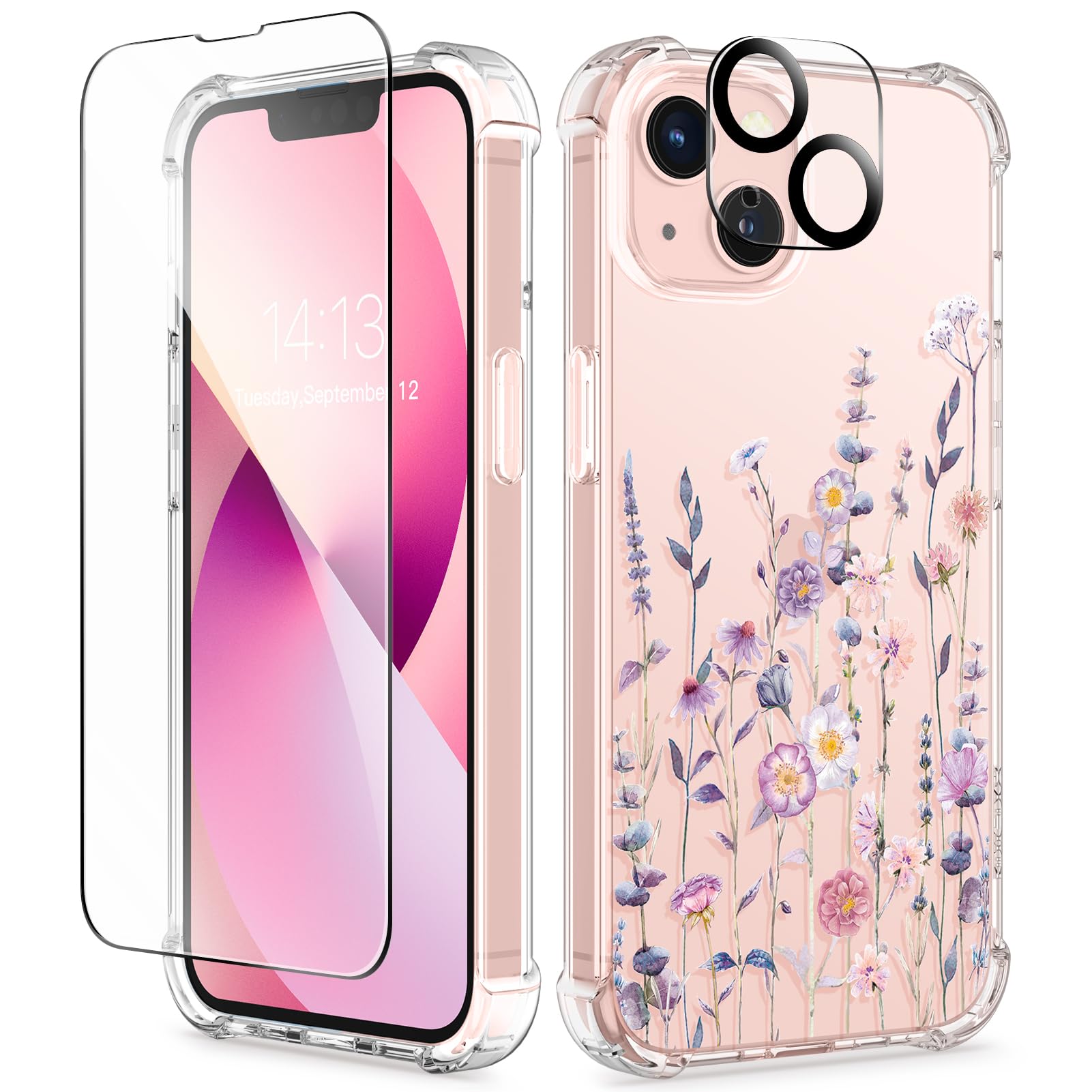 GVIEWIN for iPhone 13 Case Floral, with Screen Protector&Camera Lens Protector,[Non Yellowing] Soft Shockproof Clear Phone Protective Cover for Women, Flower Pattern Design 6.1", Floratopia/Colorful
