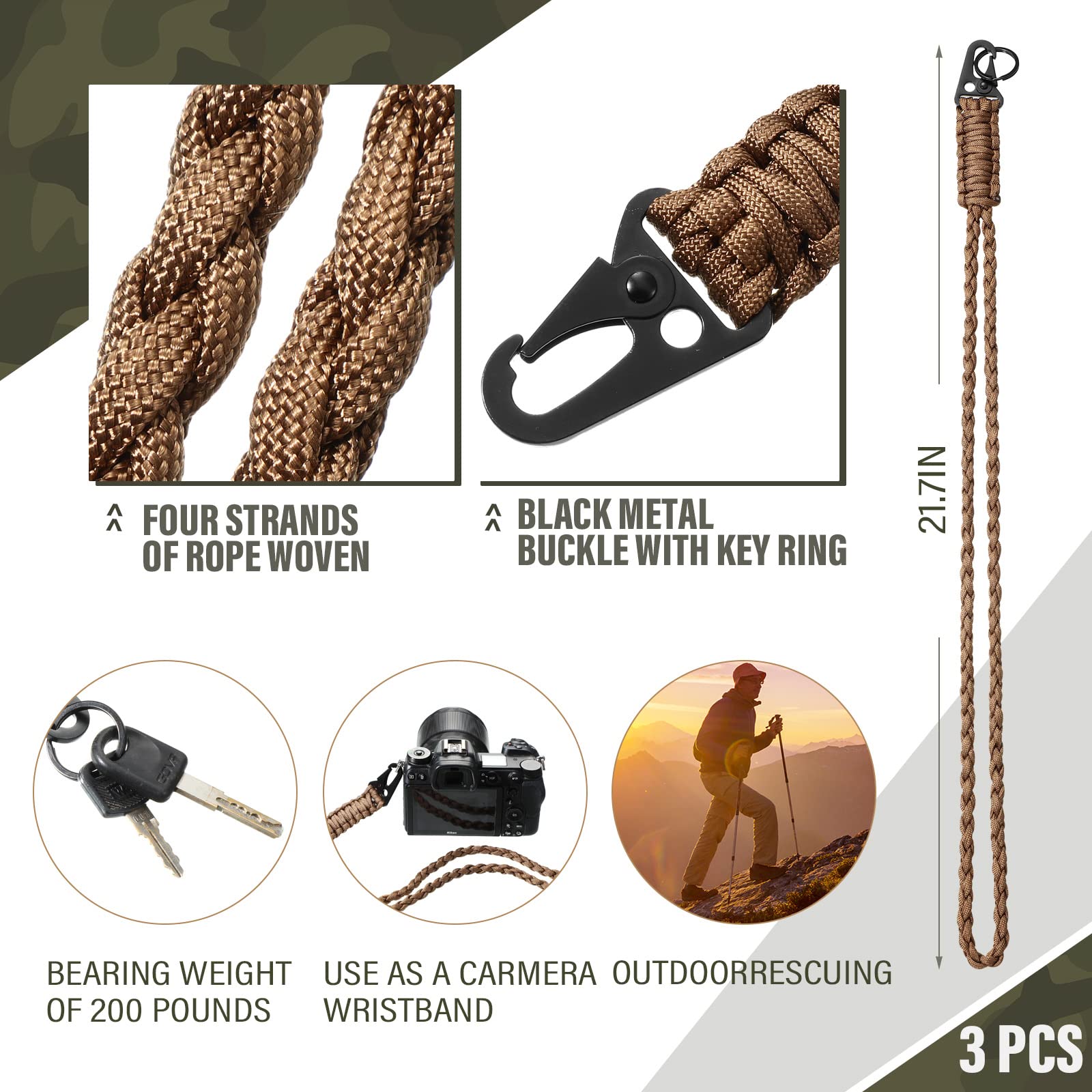 Shappy 3 Pieces Paracord Lanyard Keychains Braided Wrist Strap for Men Women Outdoor Survival Parachute Rope Lanyard Keychain with QX0263 Heavy Duty Braided Paracord Set