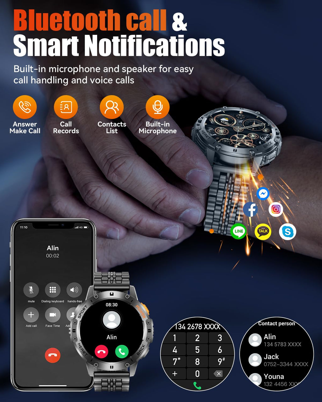PODOEIL 1.43" AMOLED Smart Watch for Men with Flashlight, Bluetooth Calling, 110+ Sports Modes, IP68 Waterproof Fitness Tracker with 530mAh Battery, Heart Rate/SpO2/Sleep Monitor, Android & iOS