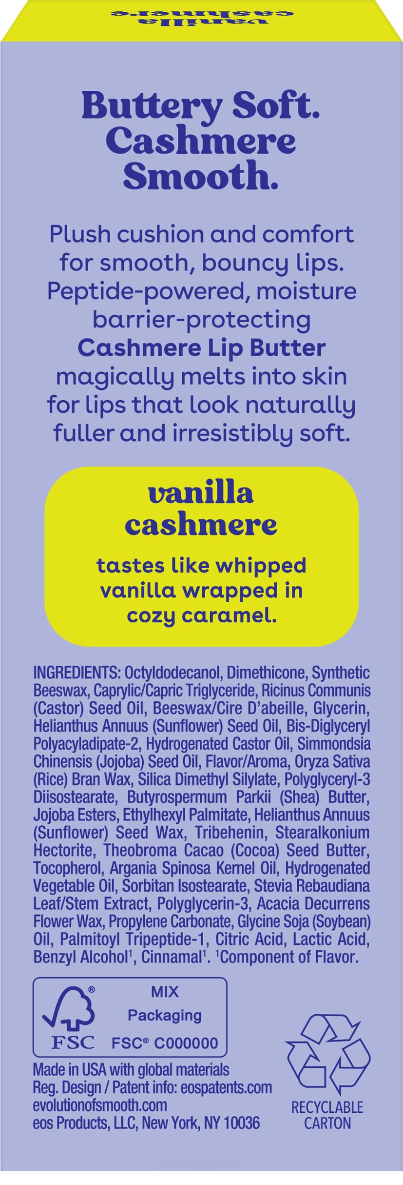 eos Cashmere Lip Butter – Vanilla Cashmere, Smoothing Lip Mask & Moisturizer with Plumping Peptides & Shea Butter, 0.35 fl oz