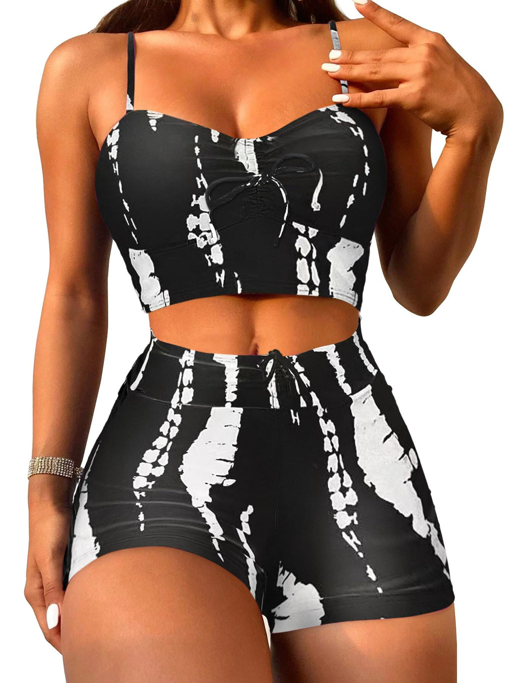 Lilosy High Waisted Tummy Control Drawstring Bikini Set String Swimsuit Cami Top and Tie Side Shorts 2 Piece Women Bathing Suit Black White Small