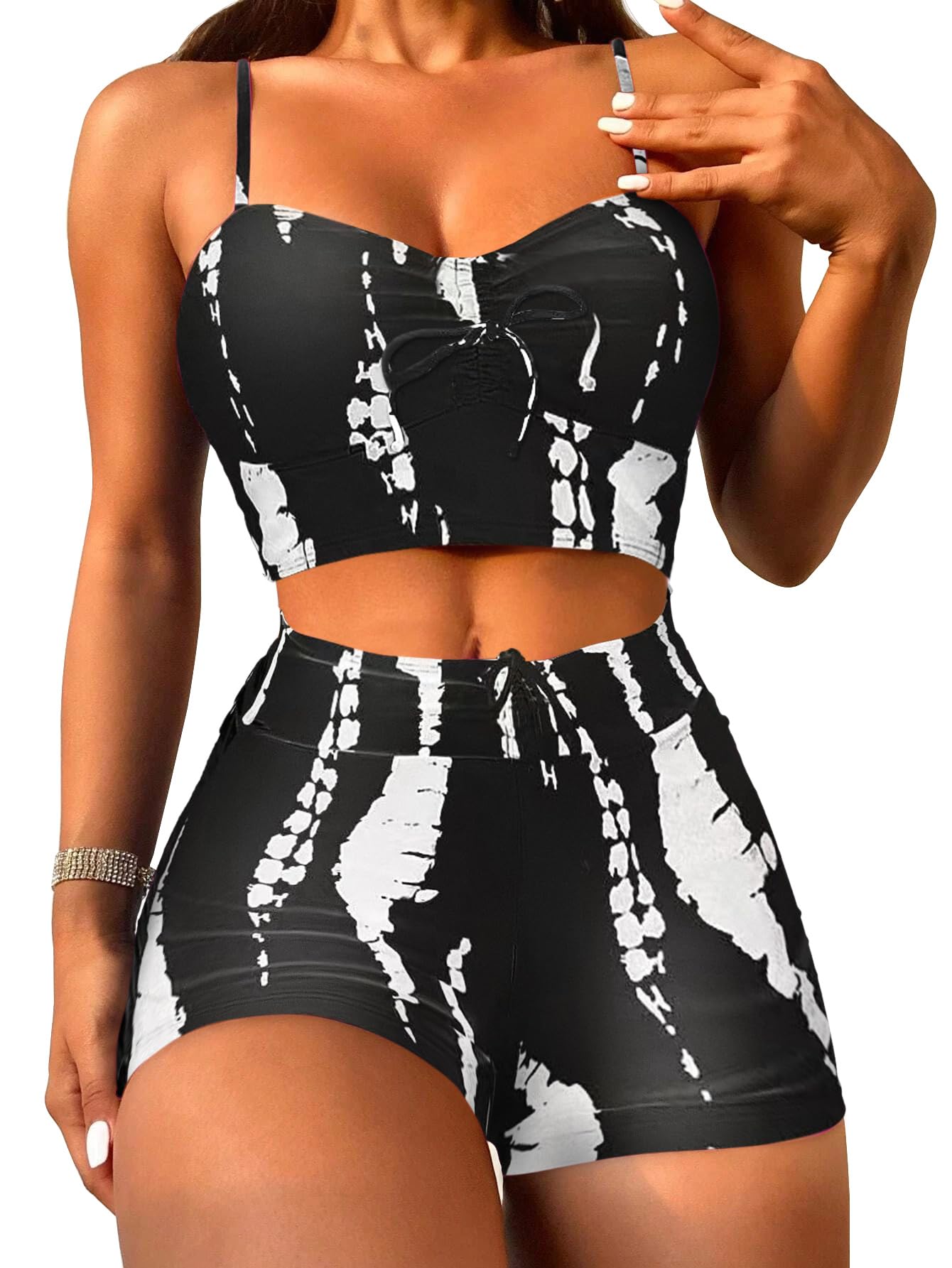 Lilosy High Waisted Tummy Control Drawstring Bikini Set String Swimsuit Cami Top and Tie Side Shorts 2 Piece Women Bathing Suit Black White Small