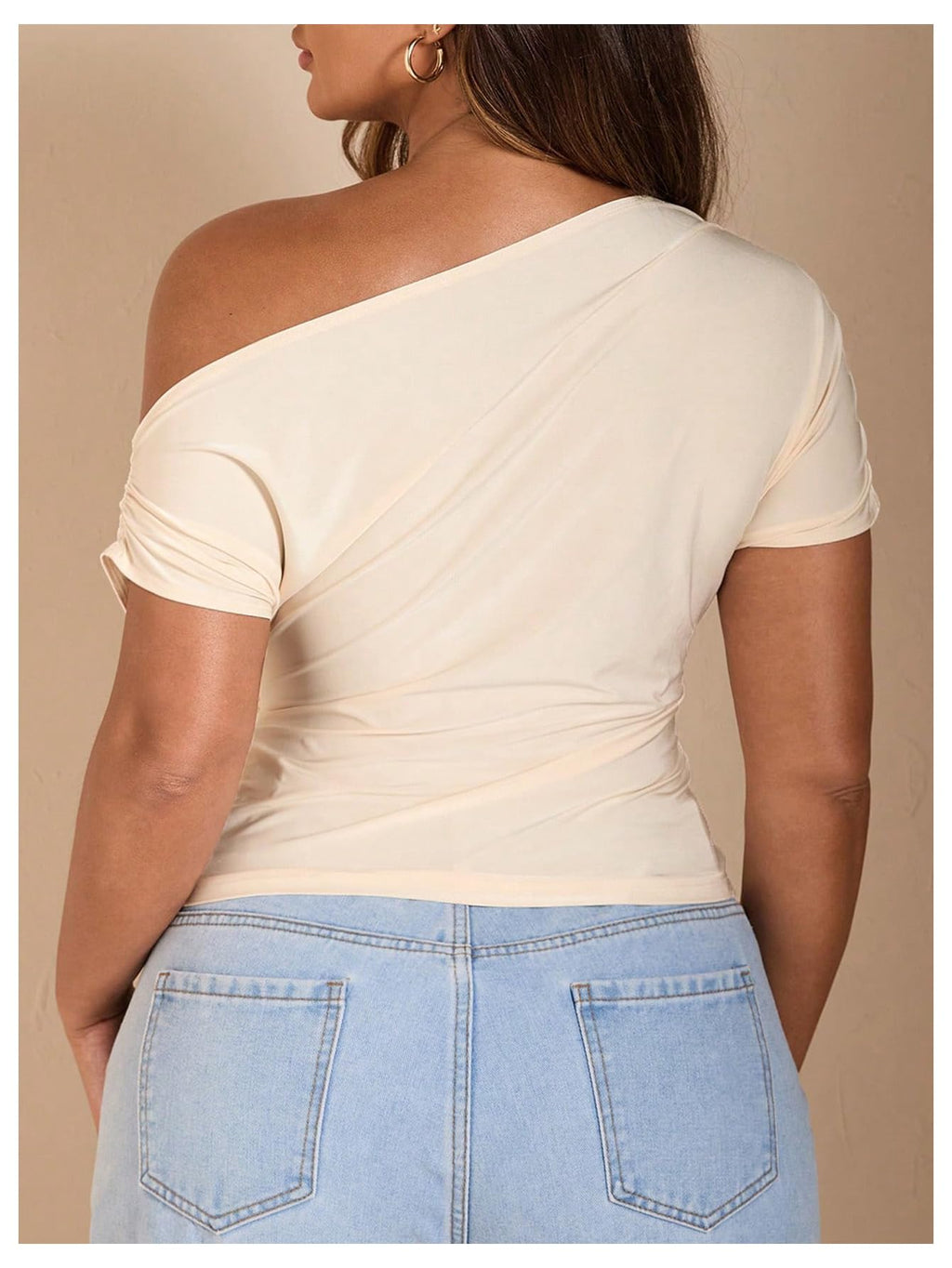 WDIRARA Women's Plus Size Off Shoulder Tee Shirt Ruched Asymmetrical Short Sleeve Tops Apricot X-Large Plus