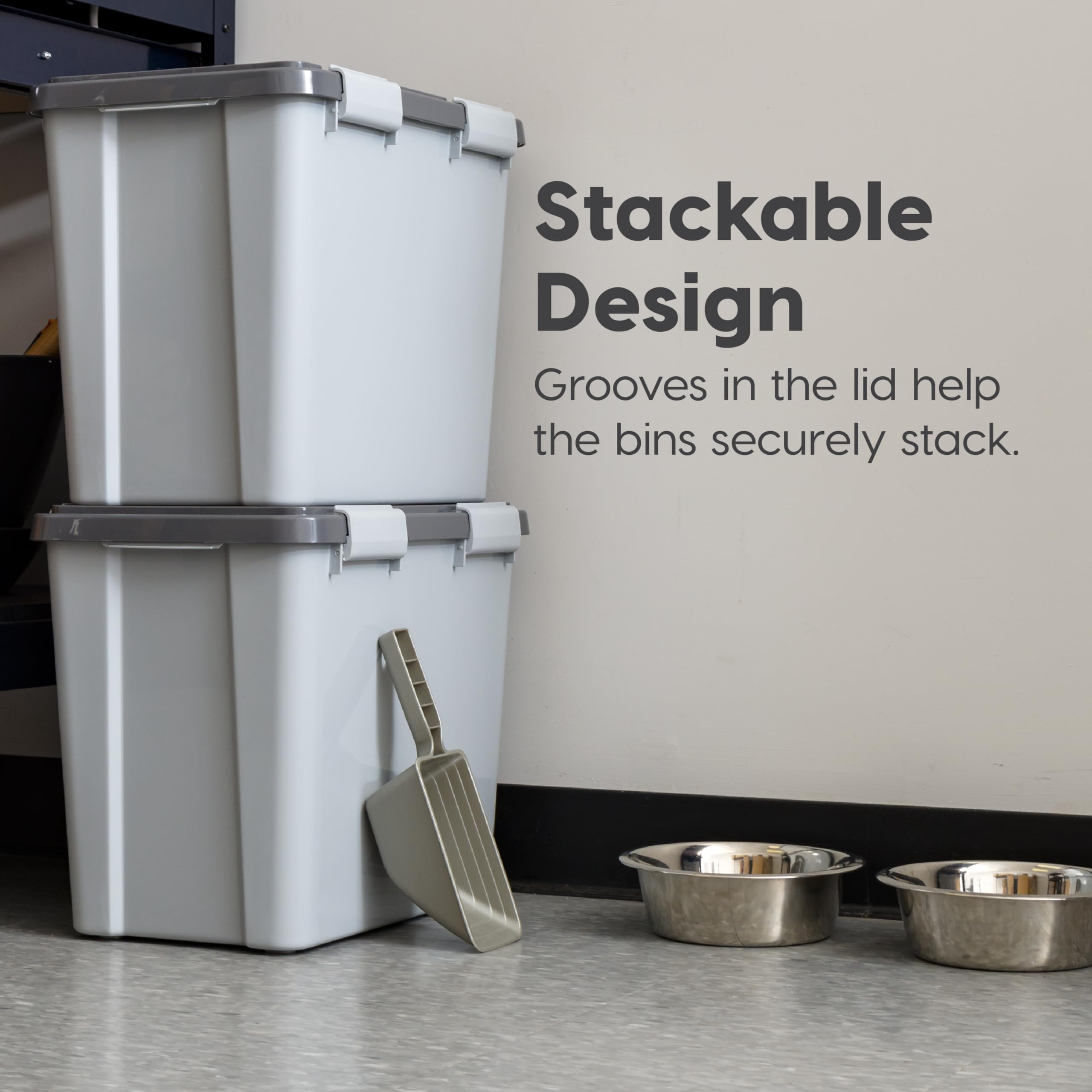 IRIS USA Stackable Dog Food Storage Container with 2 Cup Scoop, 4 Secure Latches, Fits up to 30 lbs, Pet Dry Food Bin, Gasket Seal Lid, BPA Free, Stackable, Easy Measure, Gray/Dark Gray
