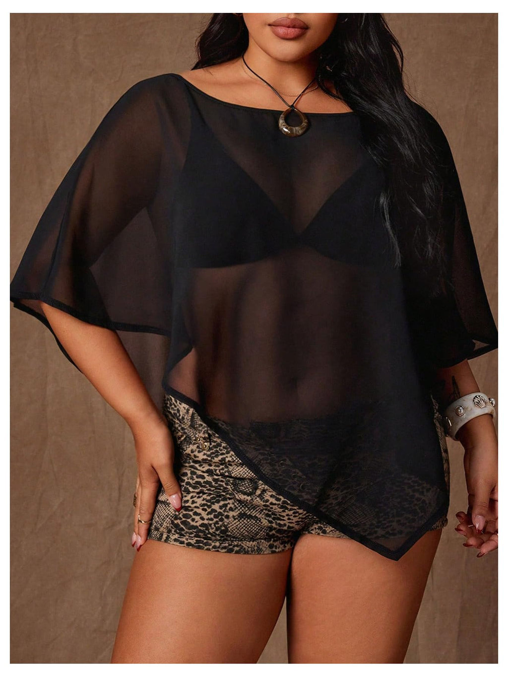 WDIRARA Women's Plus Size Mesh Sheer Poncho Tops Boat Neck See Through Asymmetrical Tee Shirts Black XX-Large Plus
