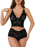 Lilosy Petite Sexy Lingerie for Women Lace Pajamas Set Cami Bra and Panty High Waist Sheer Sleepwear See Through Nightwear Floral Solid Black 2X-Small