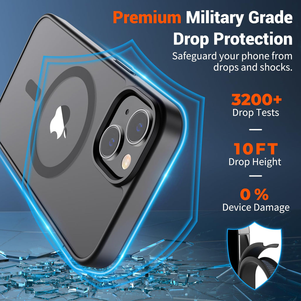 SUPFINE Magnetic for iPhone 15 Case (Compatible with MagSafe) (Military Grade Drop Protection) Translucent Matte Shockproof Phone Cover, Black