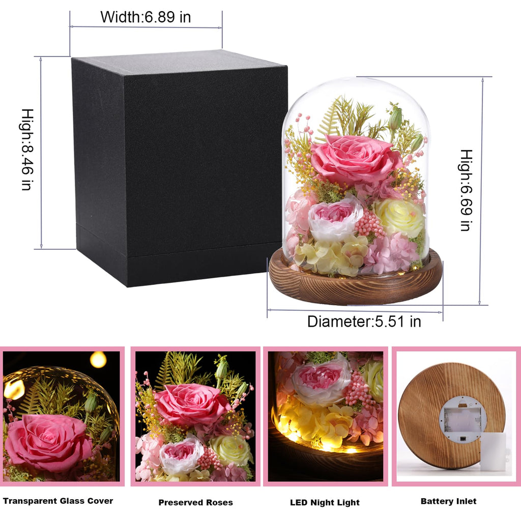 LOVENFOLD Flowers for Delivery Preserved Flowers Pink Roses with LED Light in a Glass Dome,Long Lasting Forever Flowers Birthday Gifts for Women Daughter Mom Wife Friend（Pink Rose）