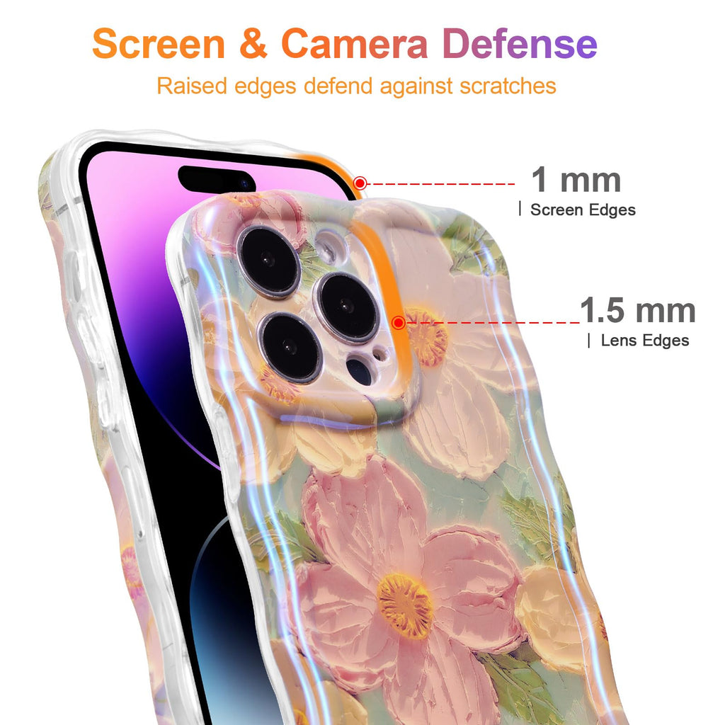 EYZUTAK Case for iPhone 15 Pro Max, Colorful Retro Oil Painting Printed Flower Laser Glossy Pattern Cute Curly Wave Edge Exquisite Phone Cover Stylish Durable TPU Protective Case for Girls Women-Green
