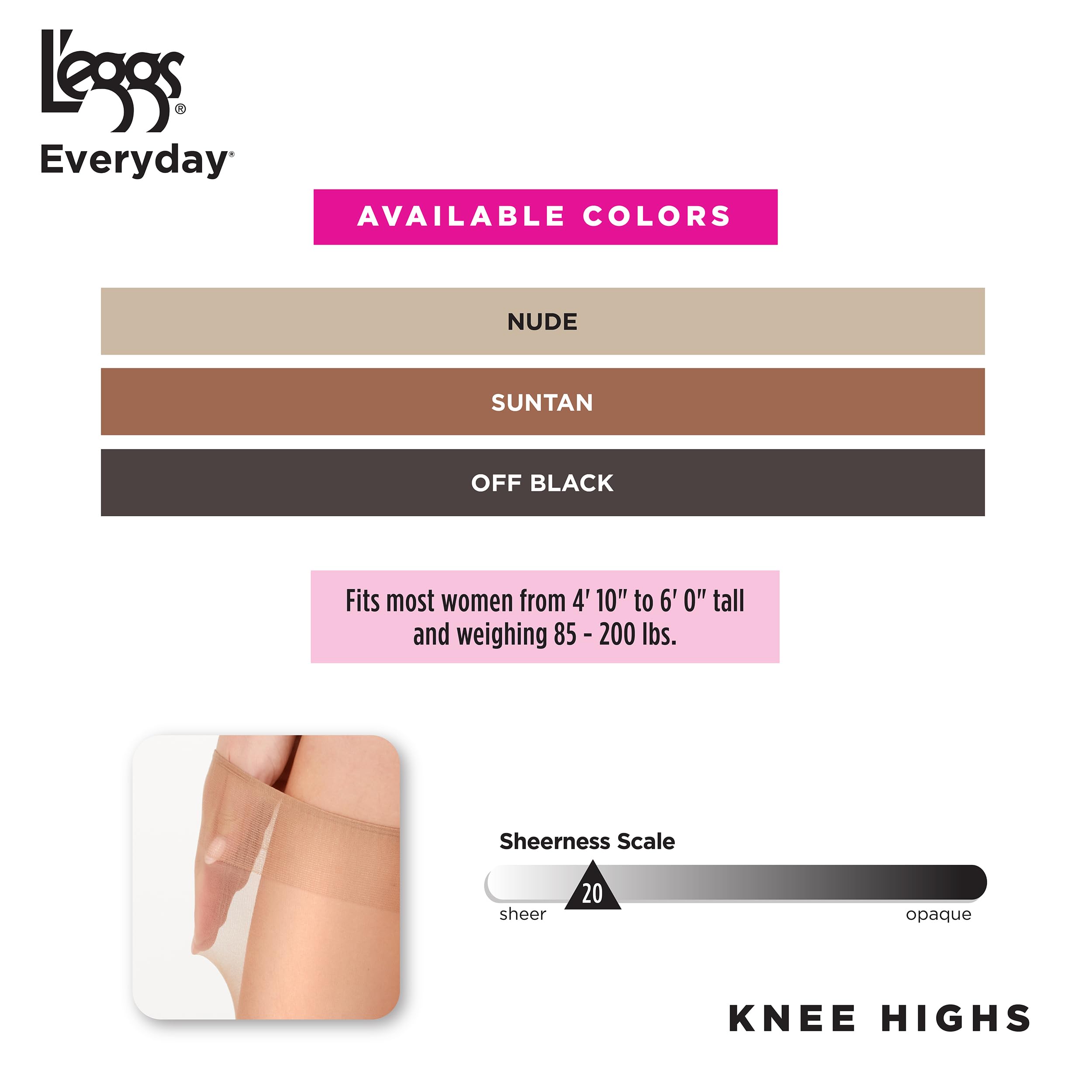 L'eggs Everyday Knee High Stockings, Reinforced Toe, 100% Nylon, Nude, One Size (Pack of 10)