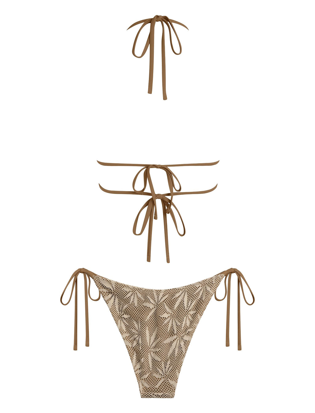ZAFUL Boho Halter Bikini Sets for Women Hollow Crochet Beaded Backless Two Piece Swimsuit Cheeky High Cut Bathing Suit 3-Brown S