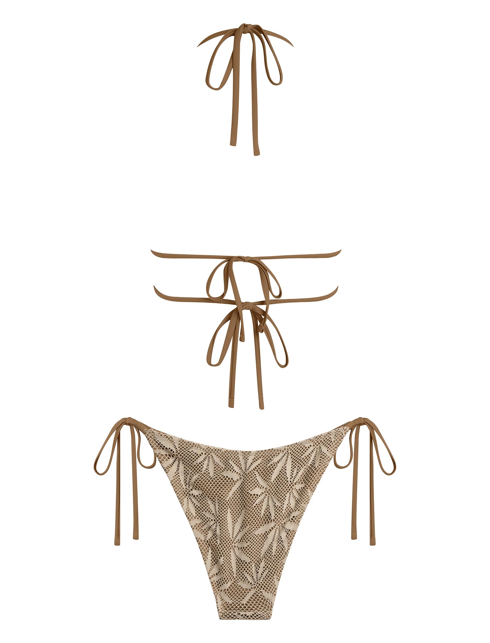 ZAFUL Boho Halter Bikini Sets for Women Hollow Crochet Beaded Backless Two Piece Swimsuit Cheeky High Cut Bathing Suit 3-Brown S