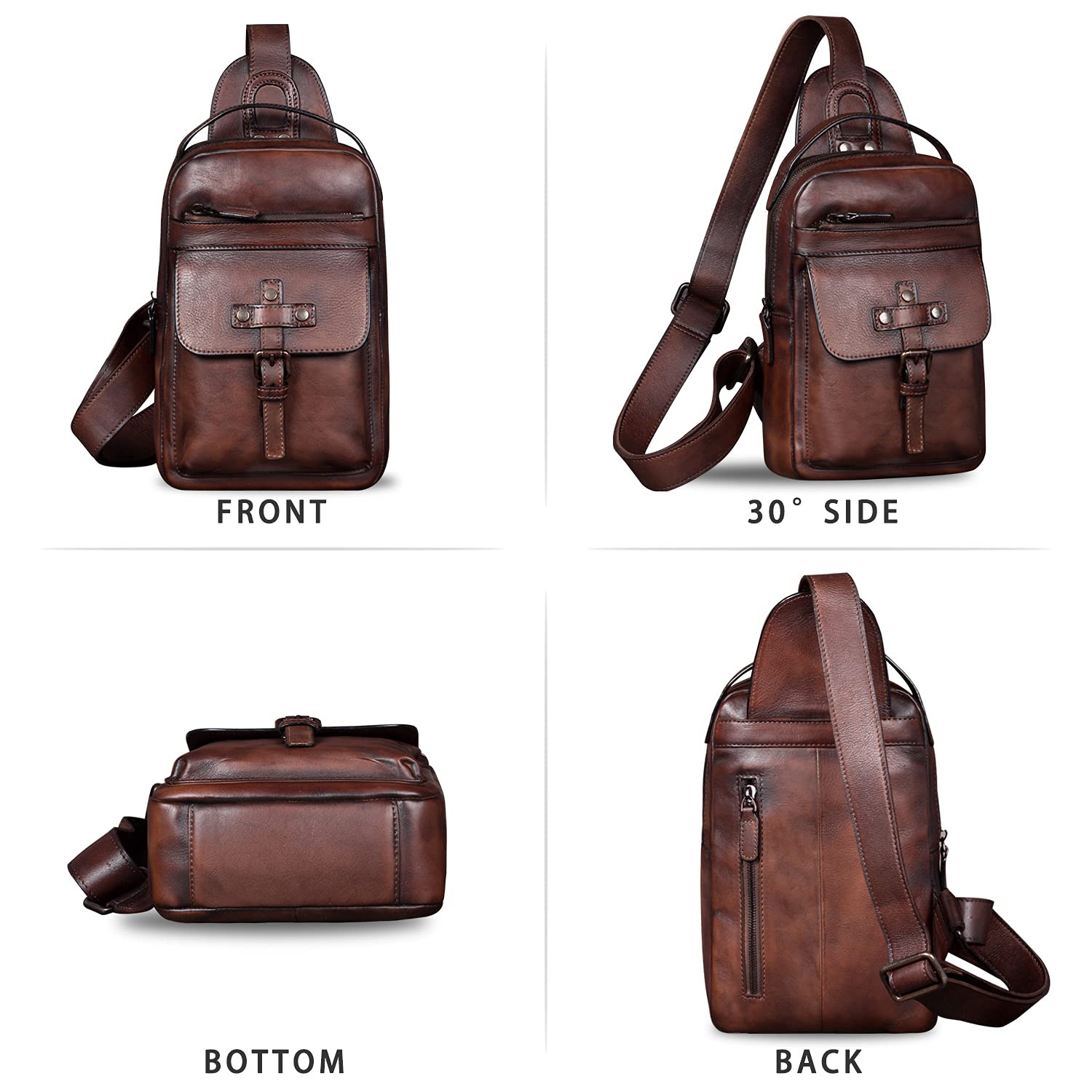 IVTG Genuine Leather Sling Bag Chest Shoulder Fanny Bag Hiking Backpack Vintage Handmade Crossbody Daypack (Coffee)