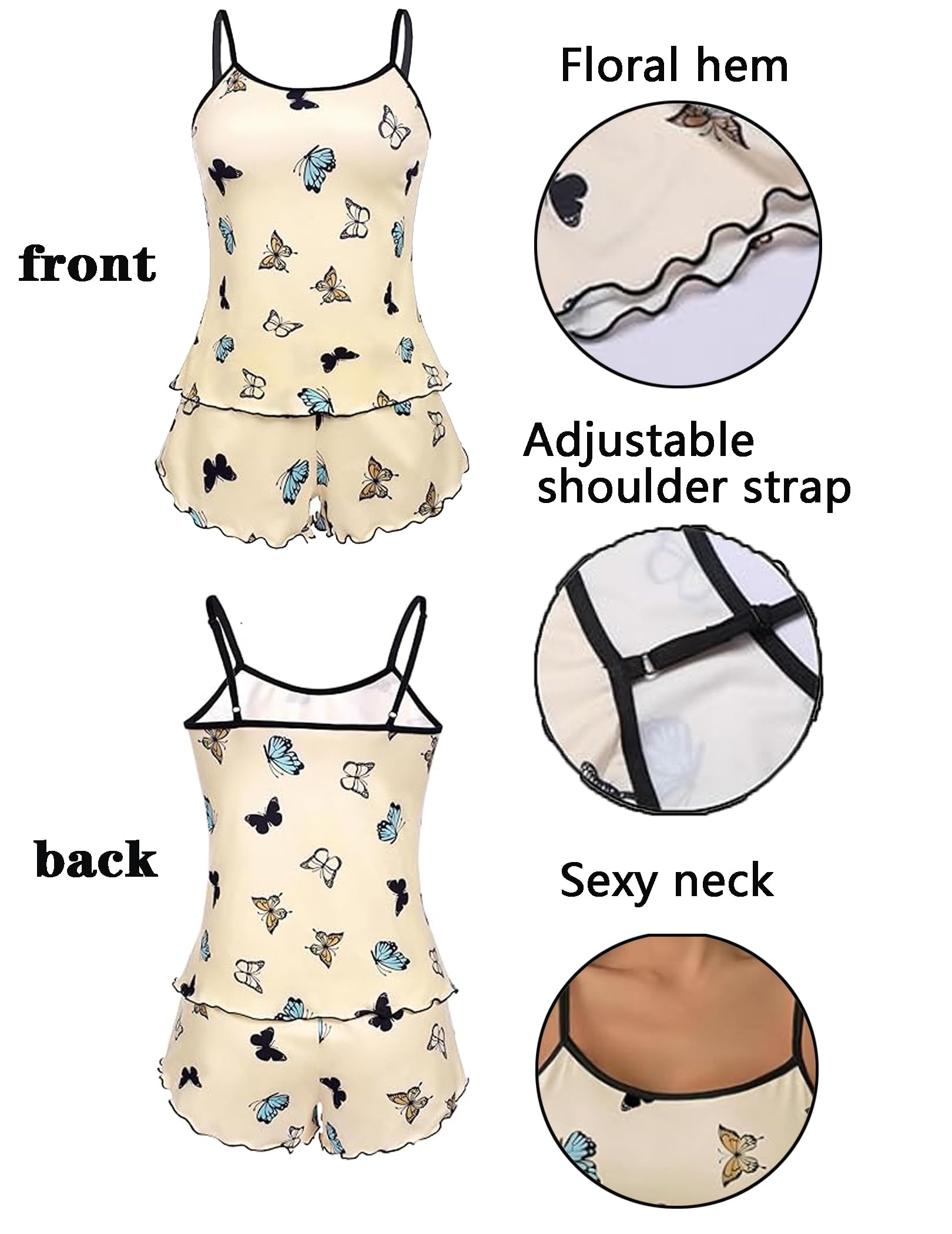 Ekouaer 2 Pack Womens Cami Pajama Sets Cute Print Tank Top Pjs and Shorts Camisole Lounge Set Pink Butterfly&Black Cherry