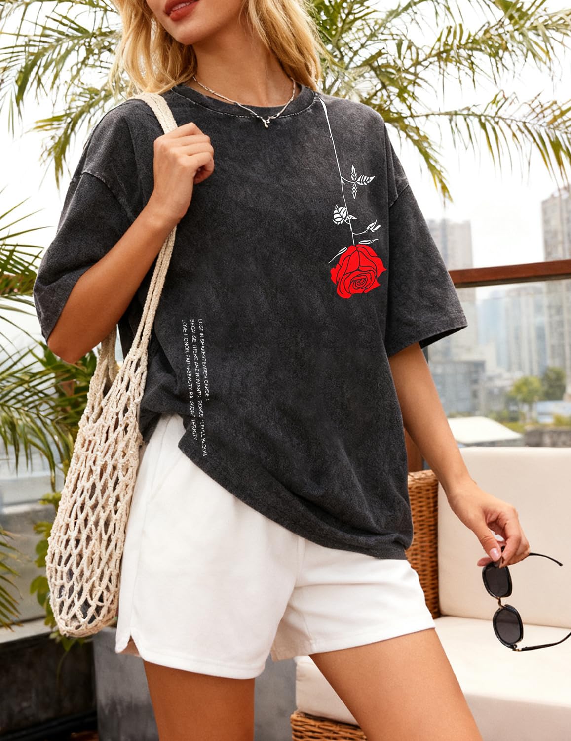UOUA Mens Graphic Tees Vintage Oversized T-Shirts Casual Acid Wash Cotton Streetwear (S-2XL) Rose-Black